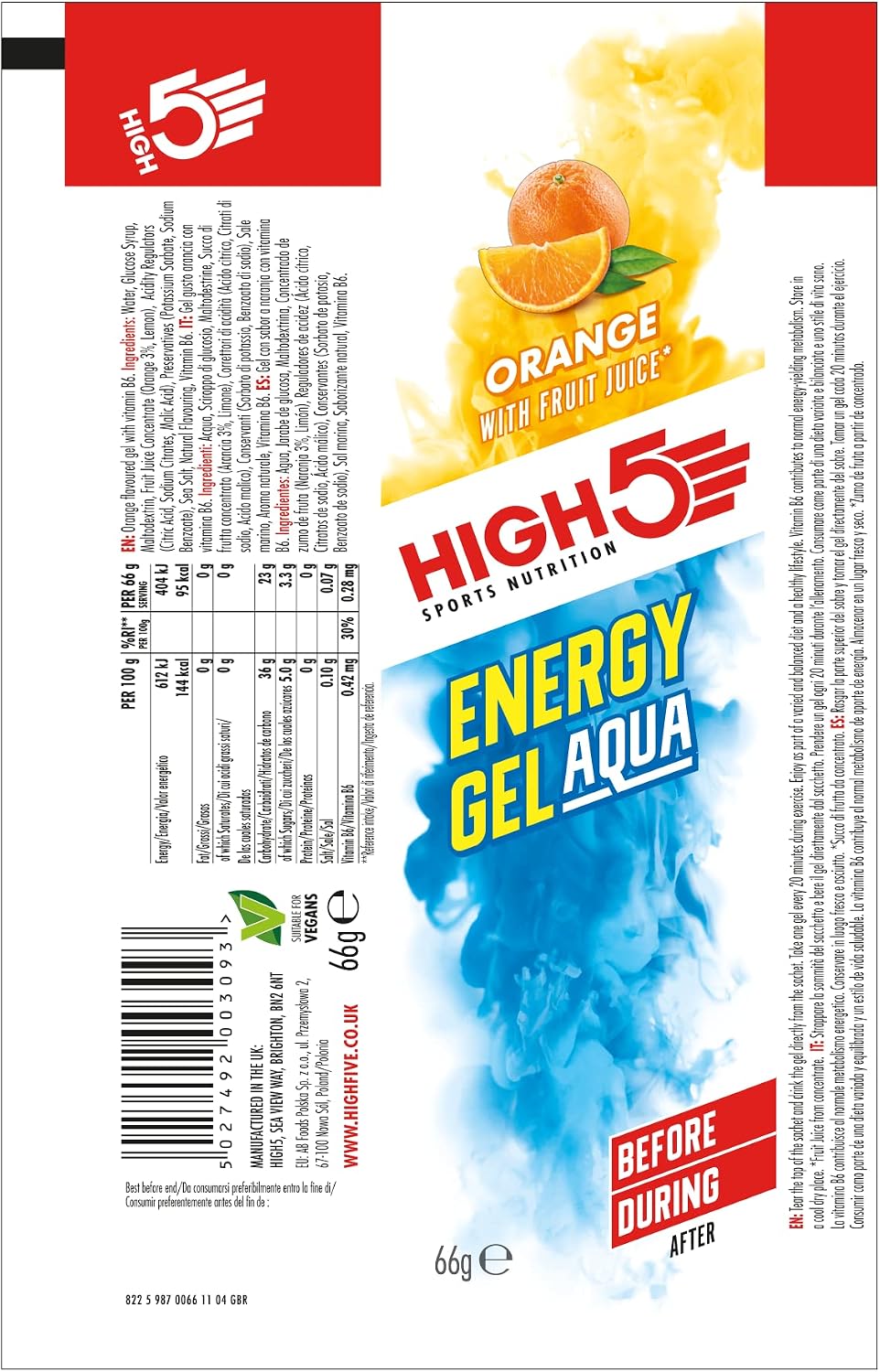 Detalle de HIGH5 Energy Gel Aqua for Running & Endurance – Orange, 20 x 66g