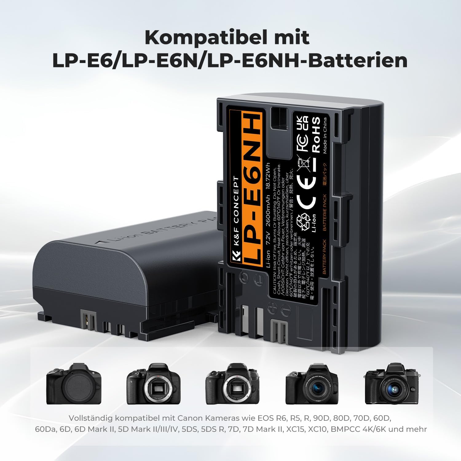 Detalle 2 de K&F CONCEPT LP-E6NH Akku-Set (2 × 2600 mAh) mit Ladegerät – kompatibel mit Canon EOS R/R5/R6/R7 und mehr