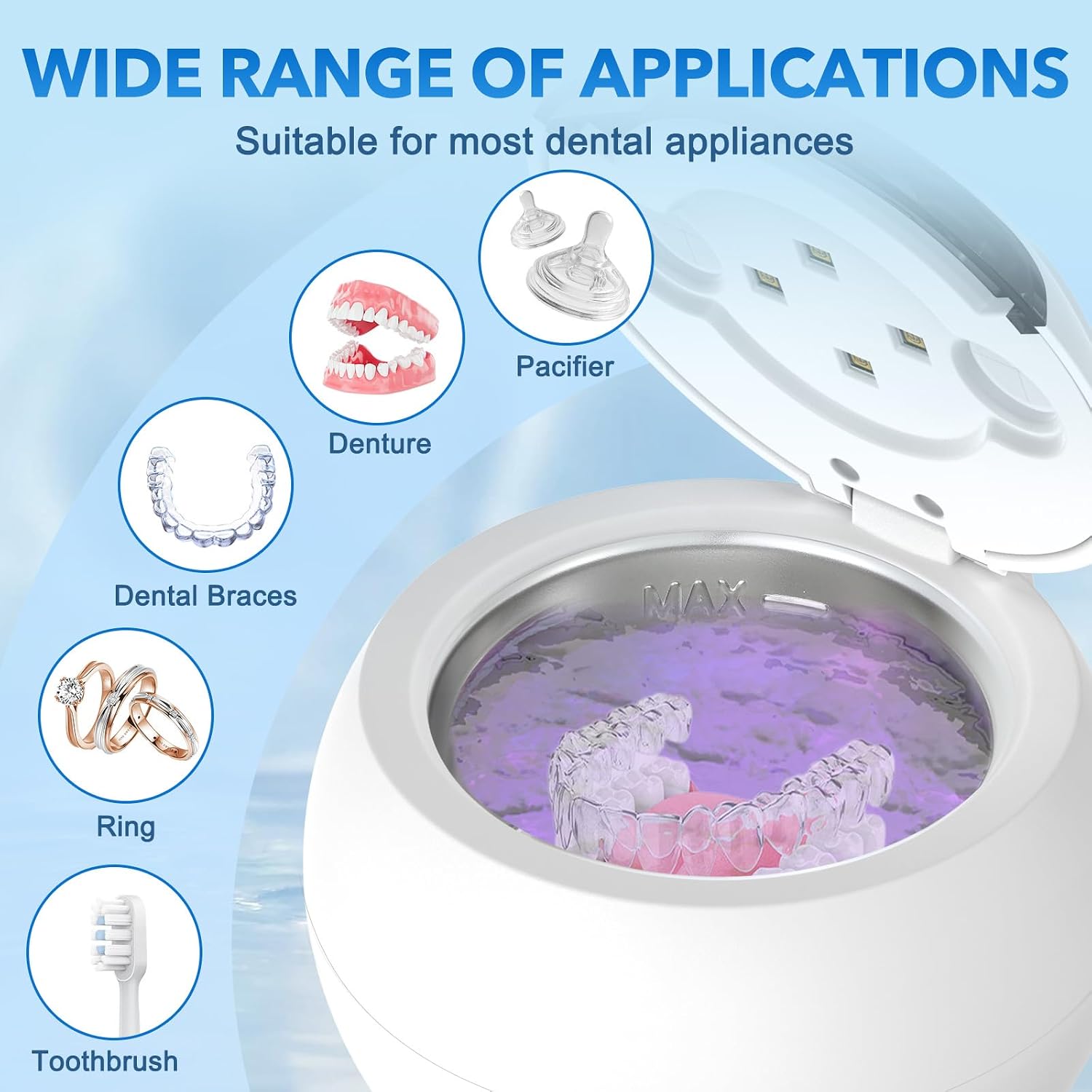 Detalle de SAYCLO GH-UC137 Ultrasonic Retainer Cleaner, 48 kHz, 200 mL, UV Lights