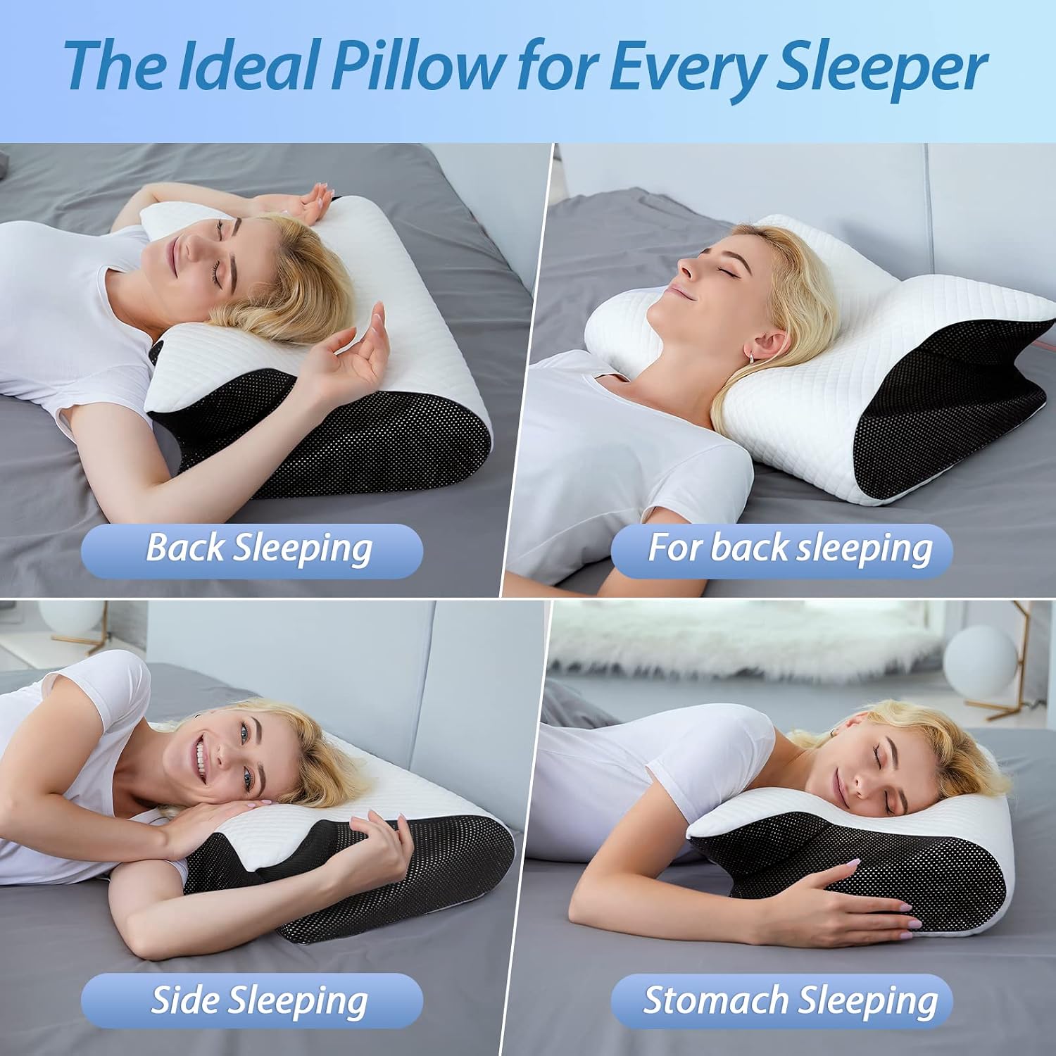 Detalle de HOMCA PL02 2-in-1 Memory Foam Cervical Pillow, Black, Butterfly Shape