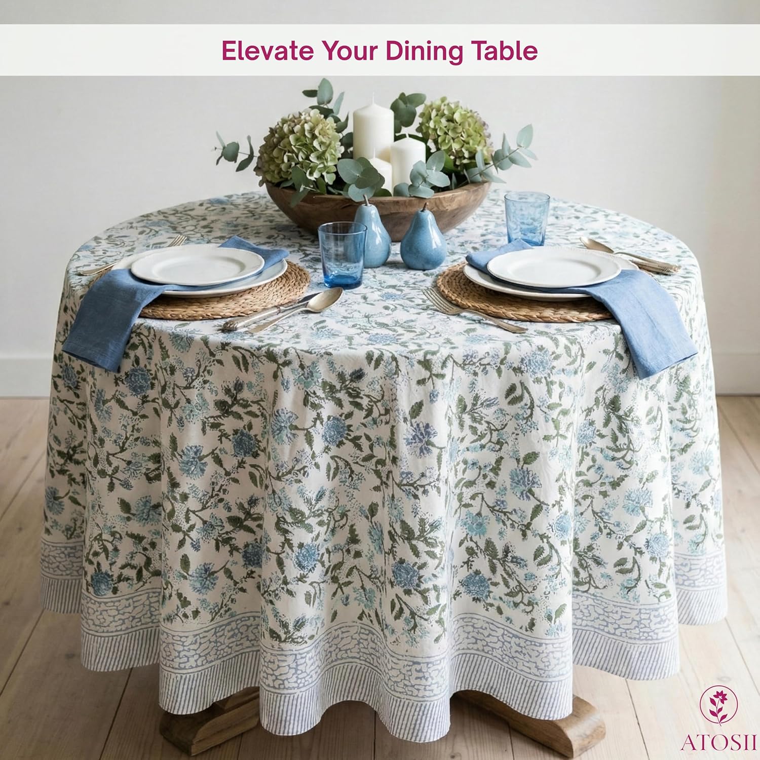 Thumbnail 6 de ATOSII Mahoka Blue 90-Inch Round 100% Cotton Tablecloth