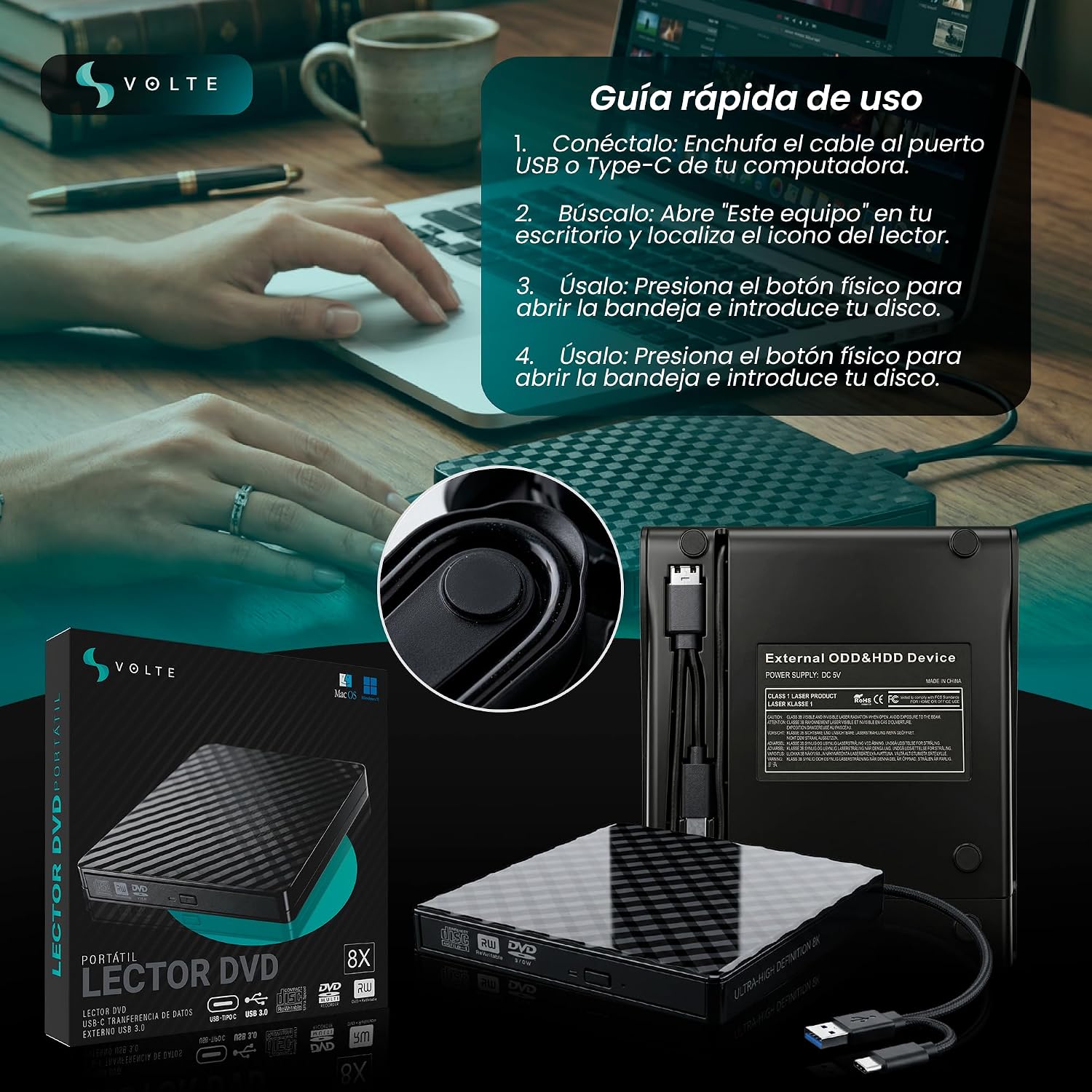 Thumbnail 5 de VOLTE Lector CD/DVD Externo USB 3.0 para PC y portátil