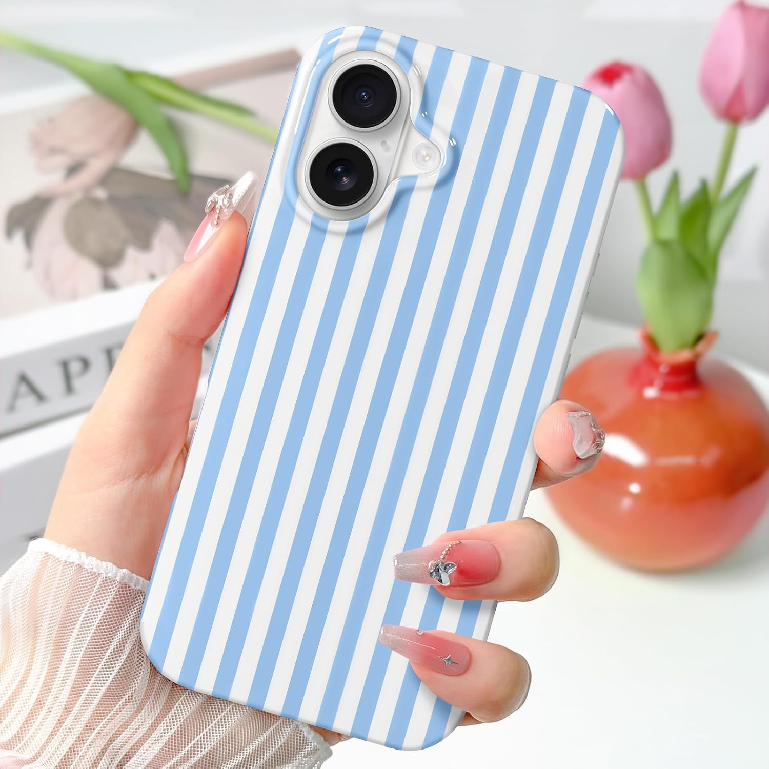 Detalle 2 de Hython iPhone 16 Case, Light Blue and White Stripes, Slim TPU