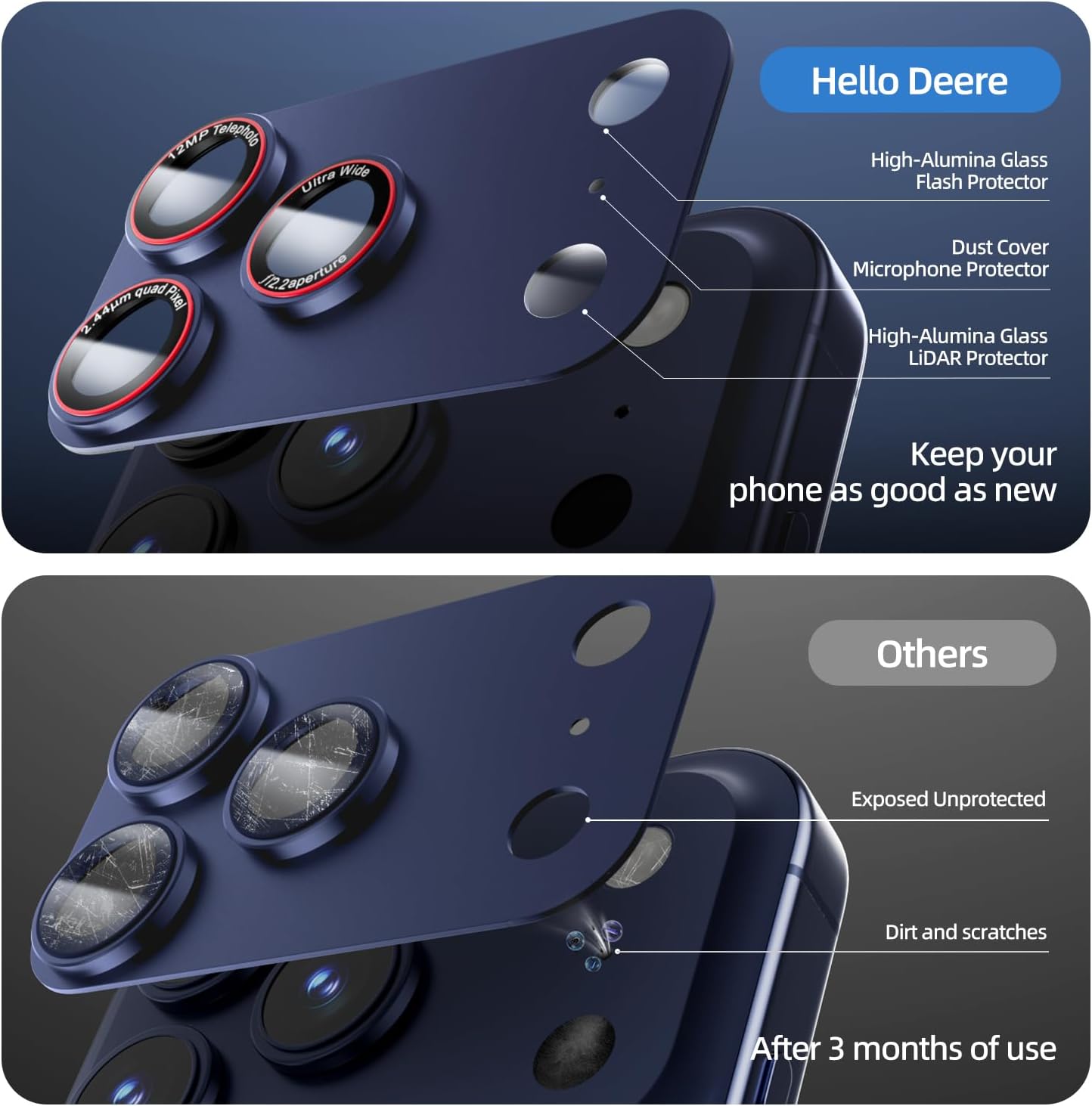 Detalle 2 de HelloDeere 9H High-alumina Tempered Glass Camera Lens Protector for iPhone 17 Pro (Blue, 2-Pack)