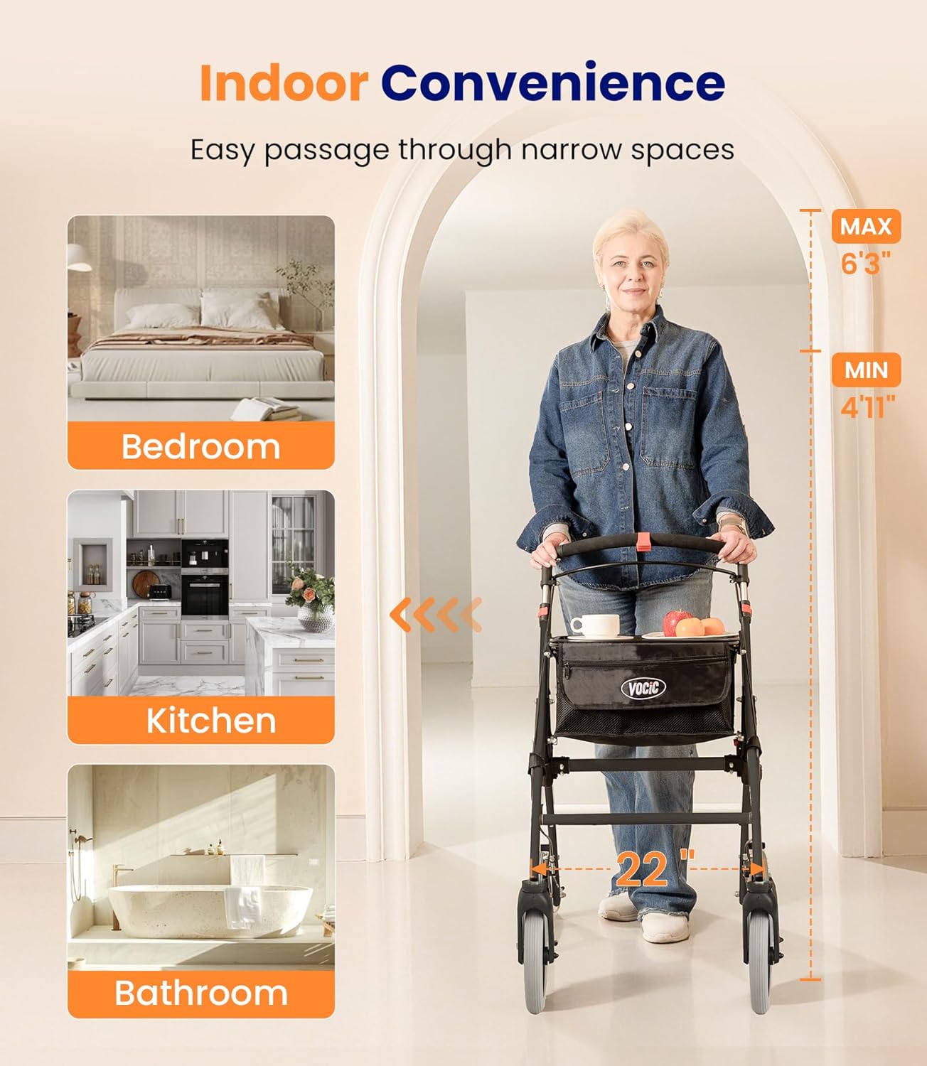 Detalle 2 de Narrow Rollator Walkers for Small Spaces (Z32 Indoor Rollator) — Foldable, Lightweight, and Safe for Apartments