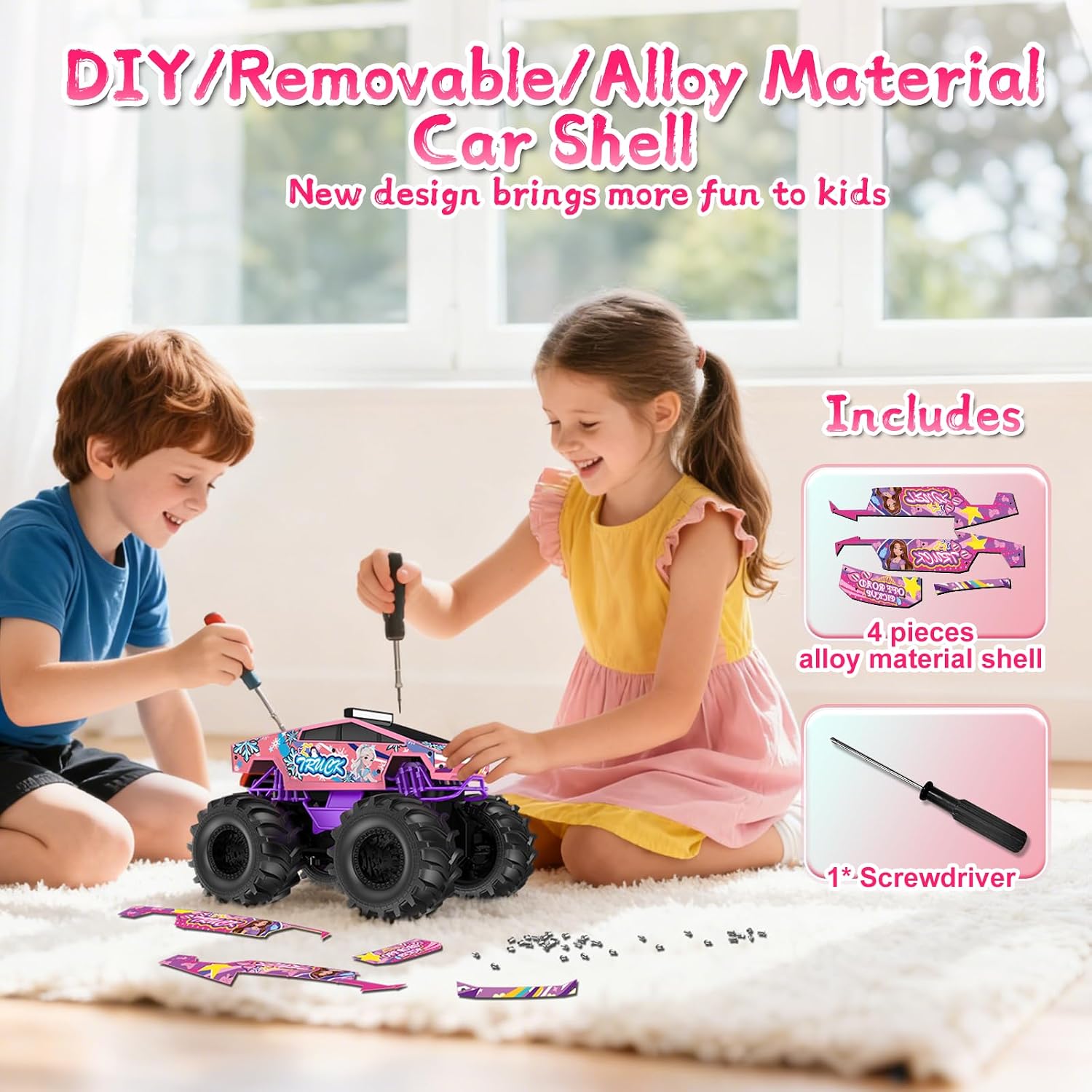 Detalle 2 de Remote Control Car for Girls 1:18 Pink Monster Truck – Amphibious 4WD RC Truck