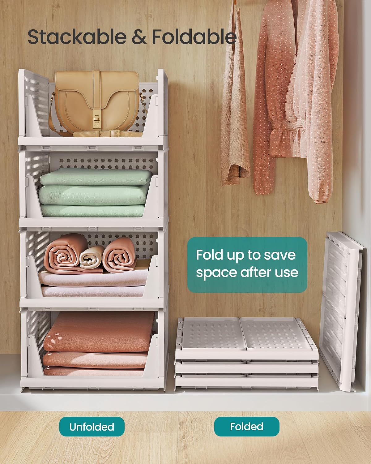Detalle de SONGMICS LPC800WZ01 Stackable Wardrobe Organiser, White PP, Pull-Out Baskets