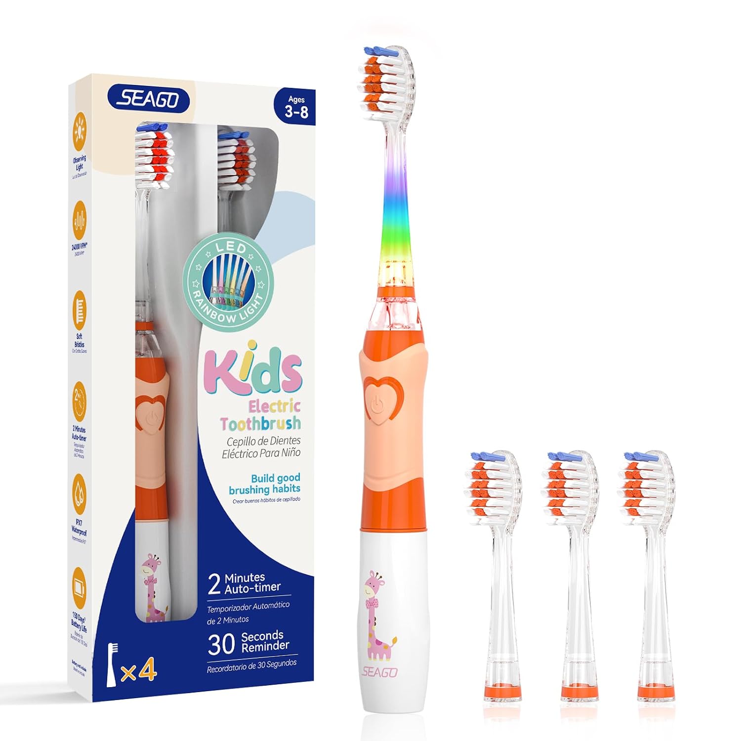 Detalle de SEAGO Kids Electric Toothbrush with Timer, Rainbow LED, and 4 Brush Heads