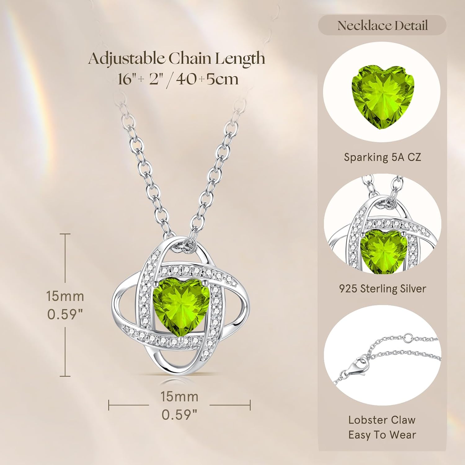 Detalle 2 de FANCIME Love Knot Birthstone Necklace for Women – Sterling Silver with Peridot Birthstone