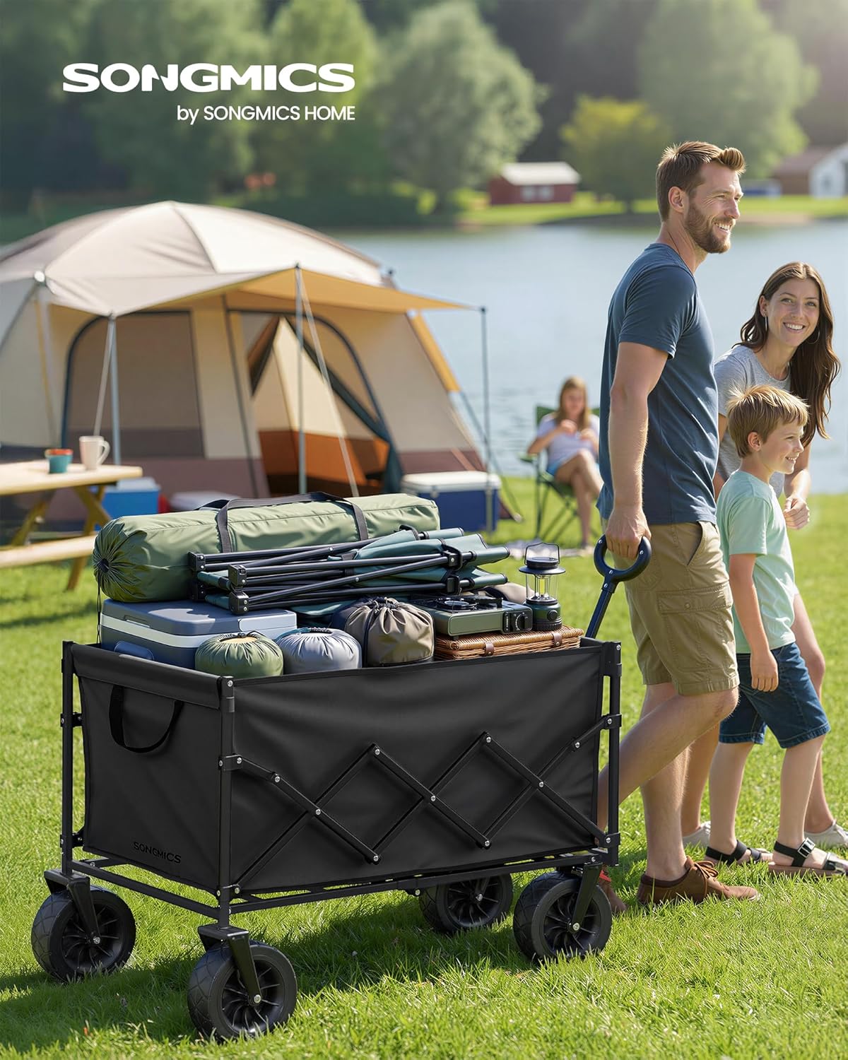 Detalle de SONGMICS Kleiner faltbarer Handwagen GFW201B101 – kompakt, belastbar bis 180 kg, 4 Rollen (2 universal), 63×23,5×78 cm, tintenschwarz