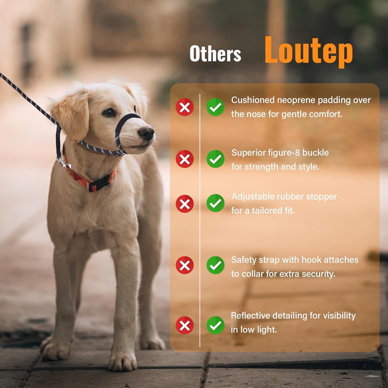 Thumbnail 5 de Loutep Figure of 8 Anti-Pull Dog Lead (187cm) with Soft Padded Nose & Reflective Stitching – Black