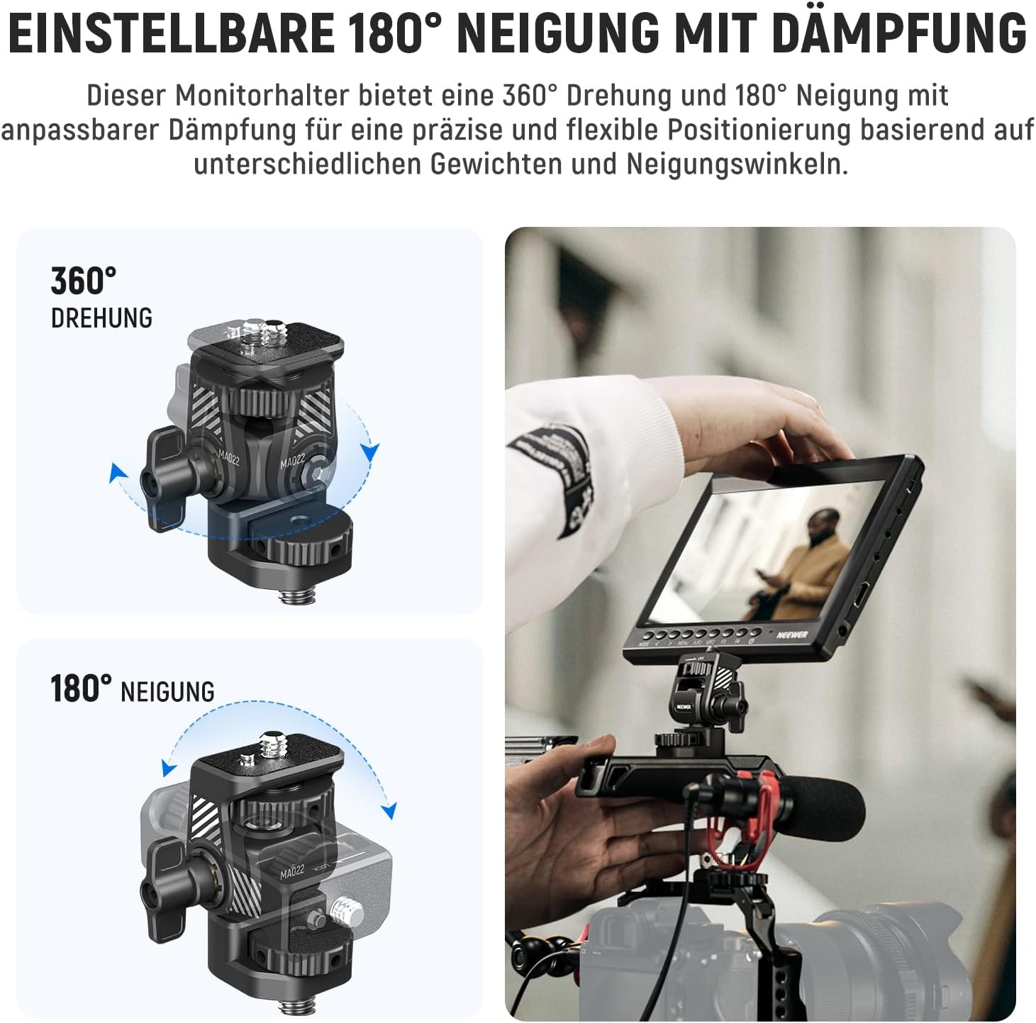 Thumbnail 4 de NEEWER Kamera-Feldmonitor-Halterung (360° drehbar, 180° neigbar) mit 1/4"- & 3/8"-Schrauben
