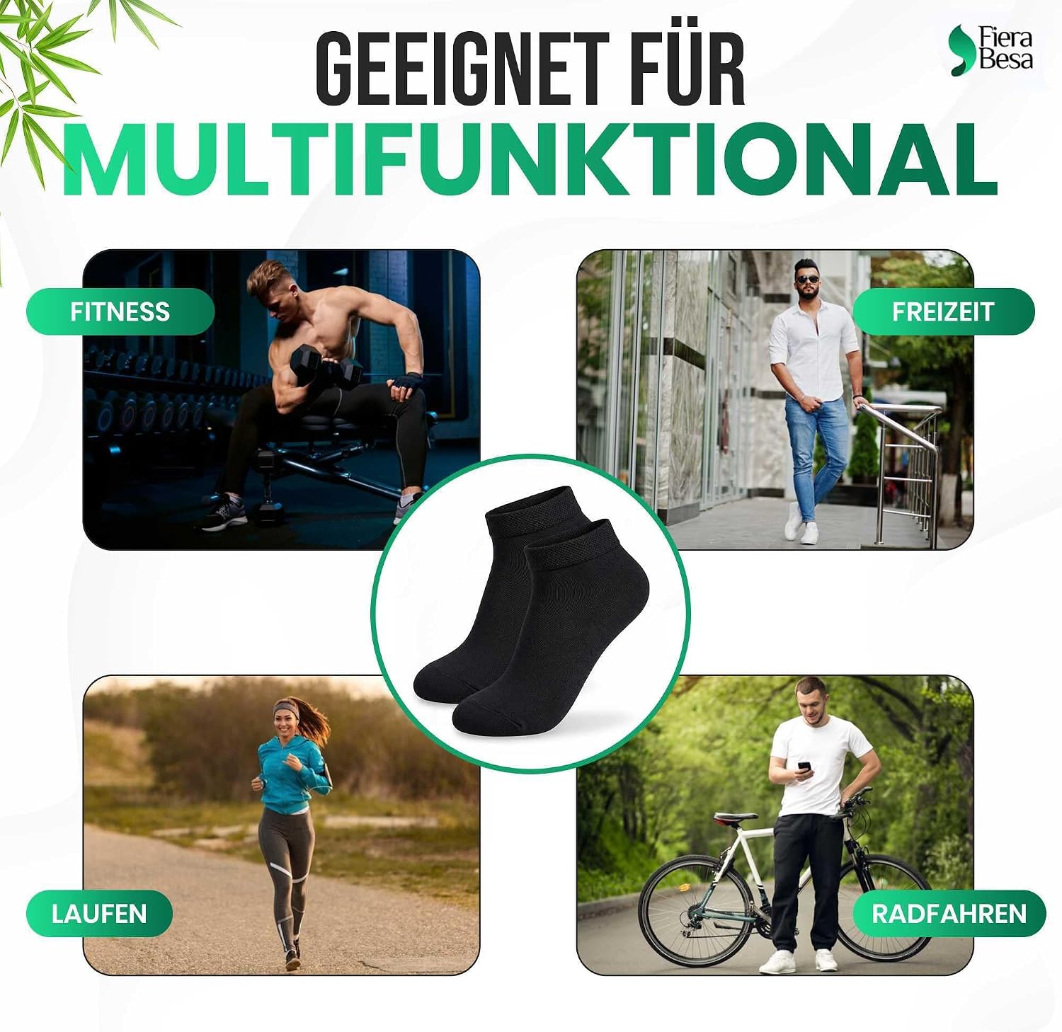 Detalle 2 de Fiera Besa FB-Uni-Bmb-Ptk korte bamboe sportsokken, uniseks, 5 paar