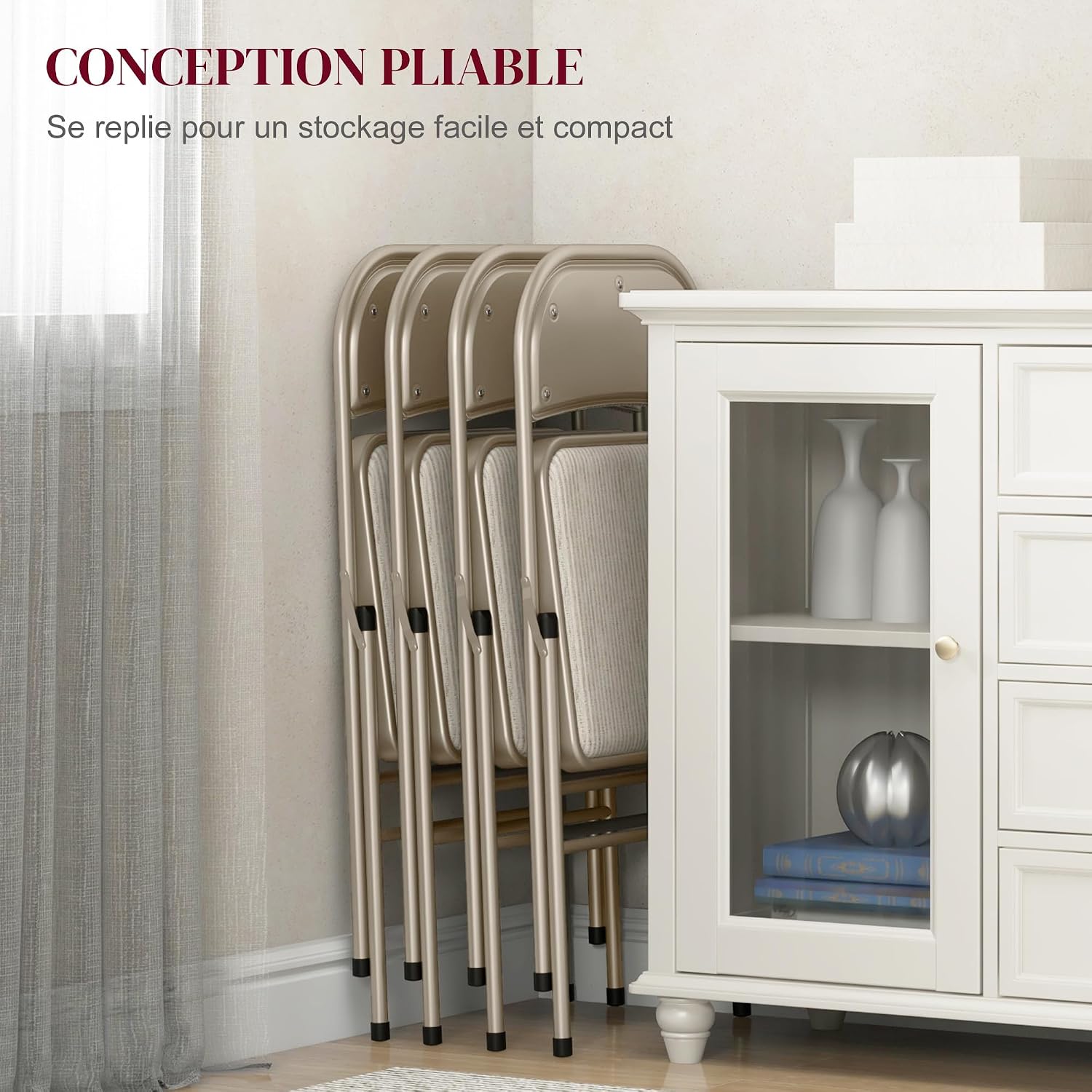 Thumbnail 5 de HOMCOM lot de 4 chaises pliantes d’intérieur en lin et acier (45 x 46 x 78 cm) – Beige
