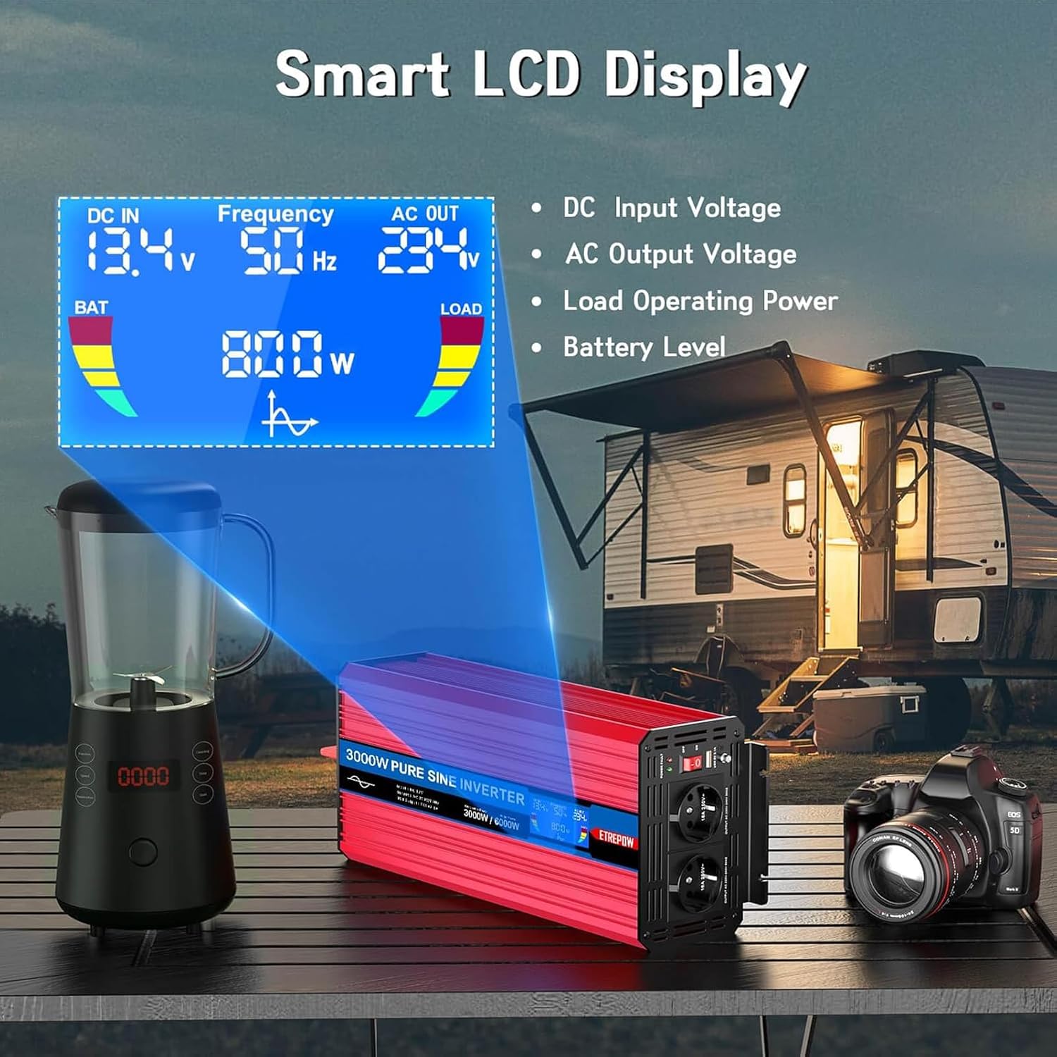 Detalle de ETREPOW Inverter 3000W 12V → 220V Onda Pura con display LCD e telecomando, 2 prese UE + USB – ideale per camper e barca