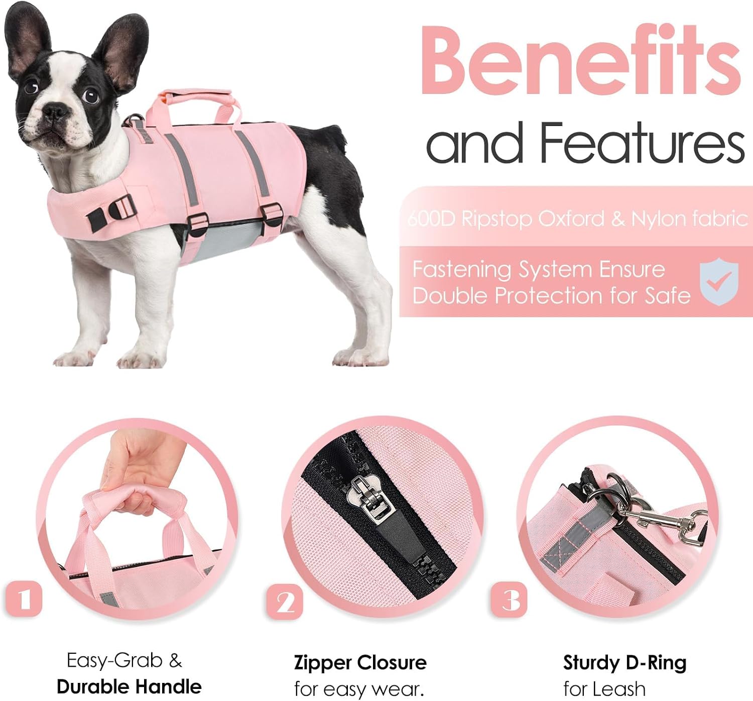Detalle de AOFITEE Gilet de Sauvetage pour Chien – Réglable, Haute Flottaison avec Poignée et Fermeture Éclair