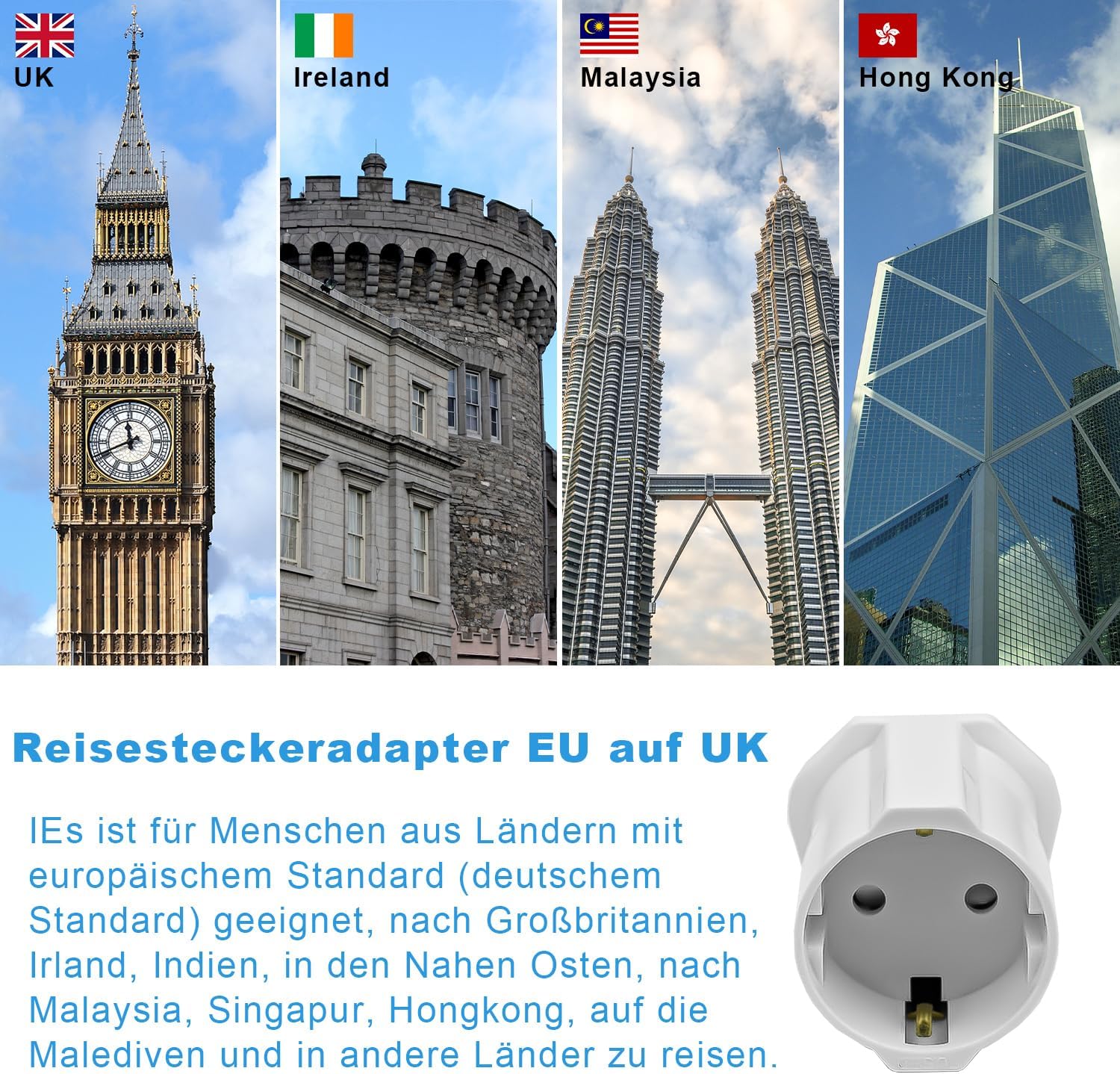 Detalle de 2er-Set Reiseadapter UK (Typ G) von Europa auf England/Schottland/Irland/Dubai/Malediven – Steckeradapter für unterwegs