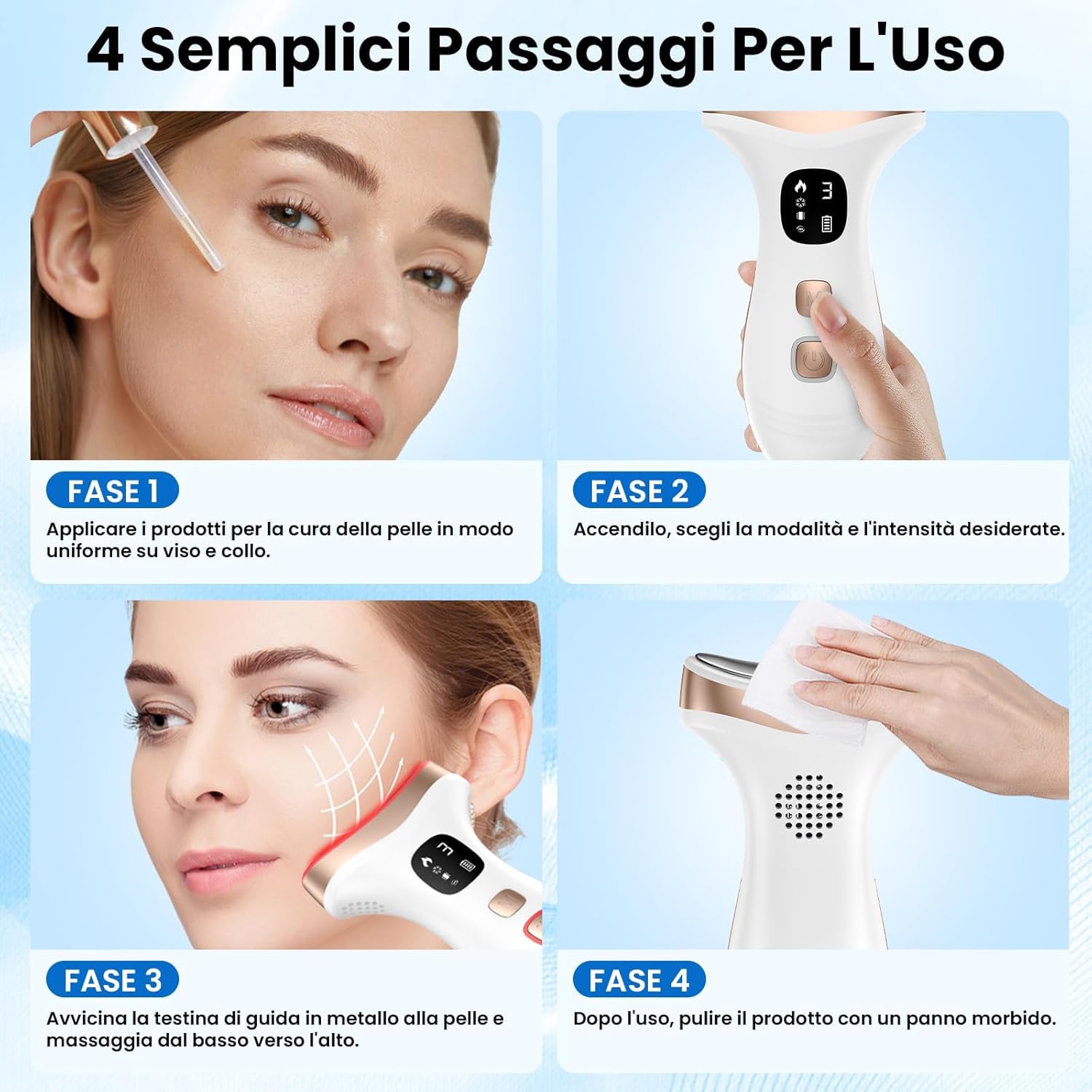 Detalle 2 de Massaggiatore Viso Lifting Elettrico Antirughe: EMS, Caldo e Freddo, 7 Modi e 7 LED – Bianco