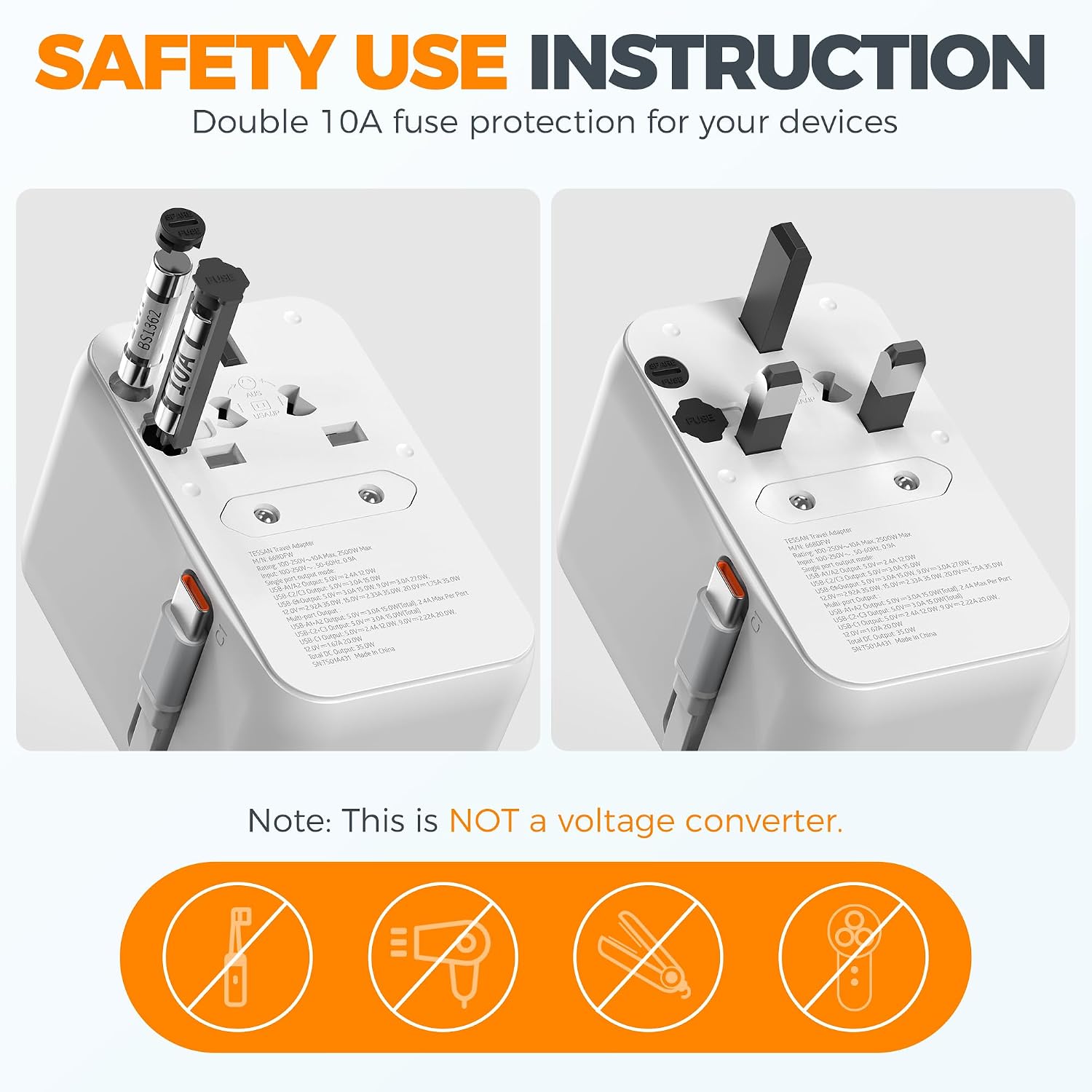 Detalle de TESSAN Universal Travel Adapter with Built-in 35W USB-C Cable (UK) for EU/US/AU