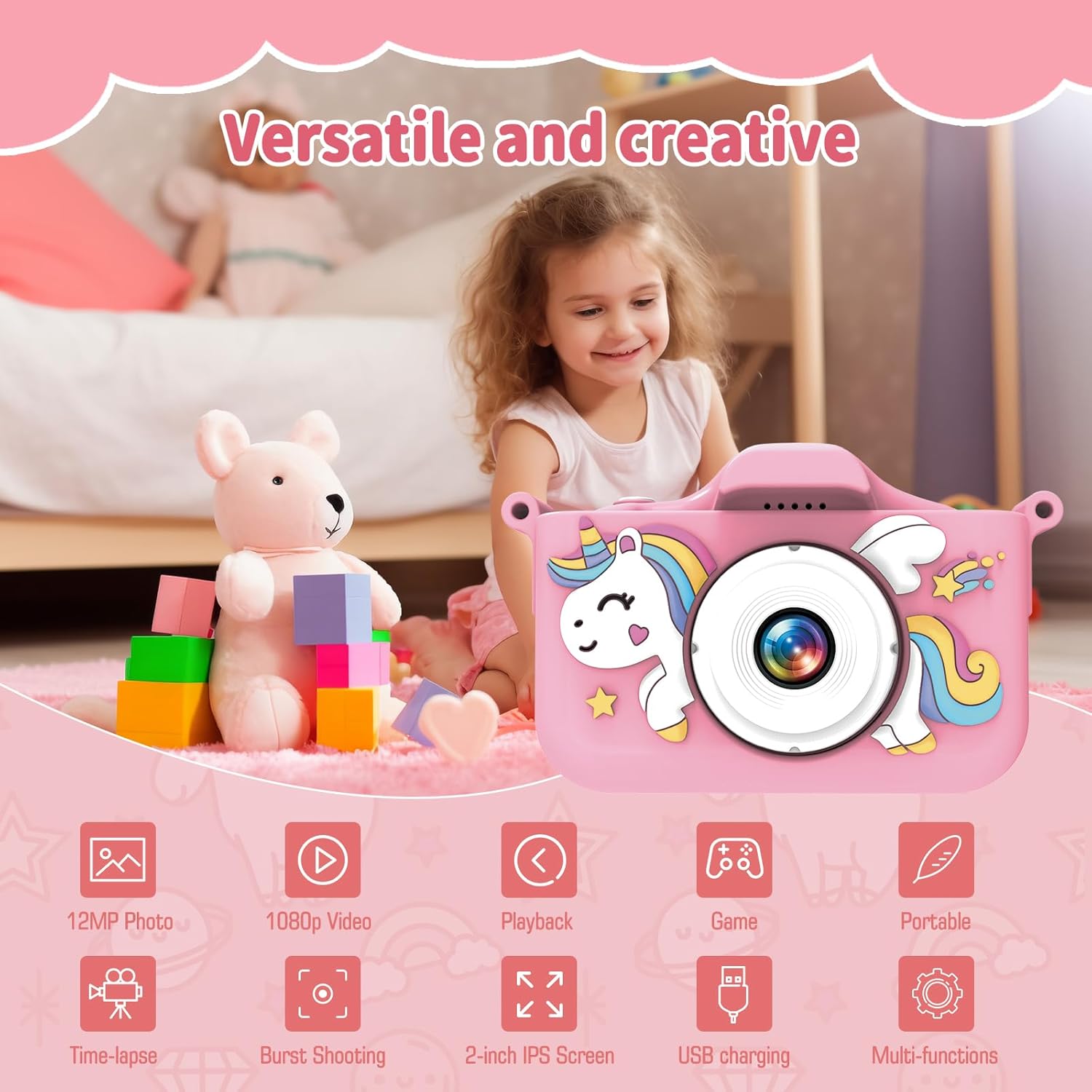 Thumbnail 1 de MYSTILUCK Appareil photo enfants licorne HD 1080P écran 2 pouces et carte 32 Go (3 à 12 ans)