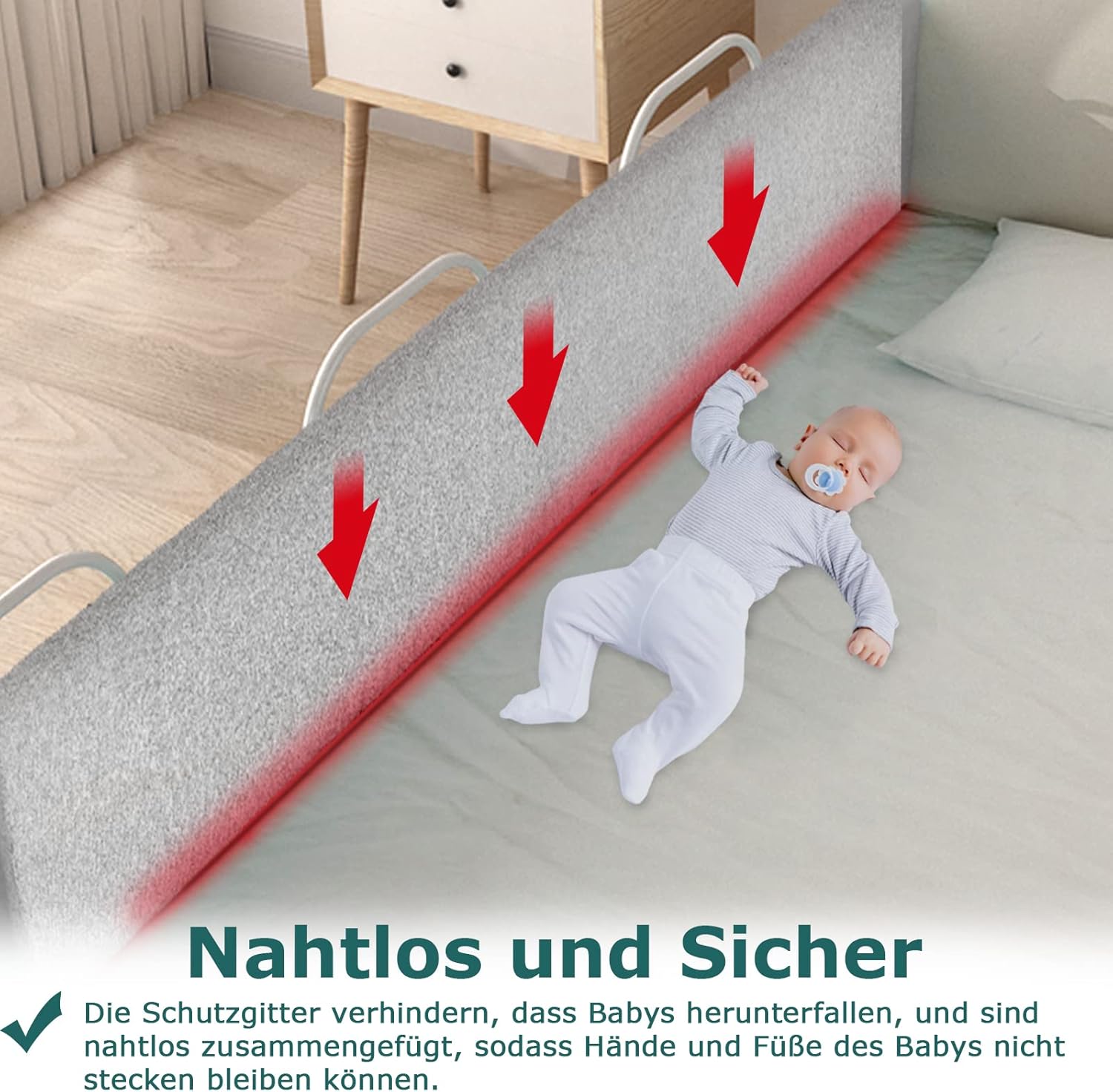Thumbnail 5 de UISEBRT Bettgitter / Bettschutzgitter 200 cm – Rausfallschutz für Kinderbett, 5-fach höhenverstellbar, verformbar (Grau)