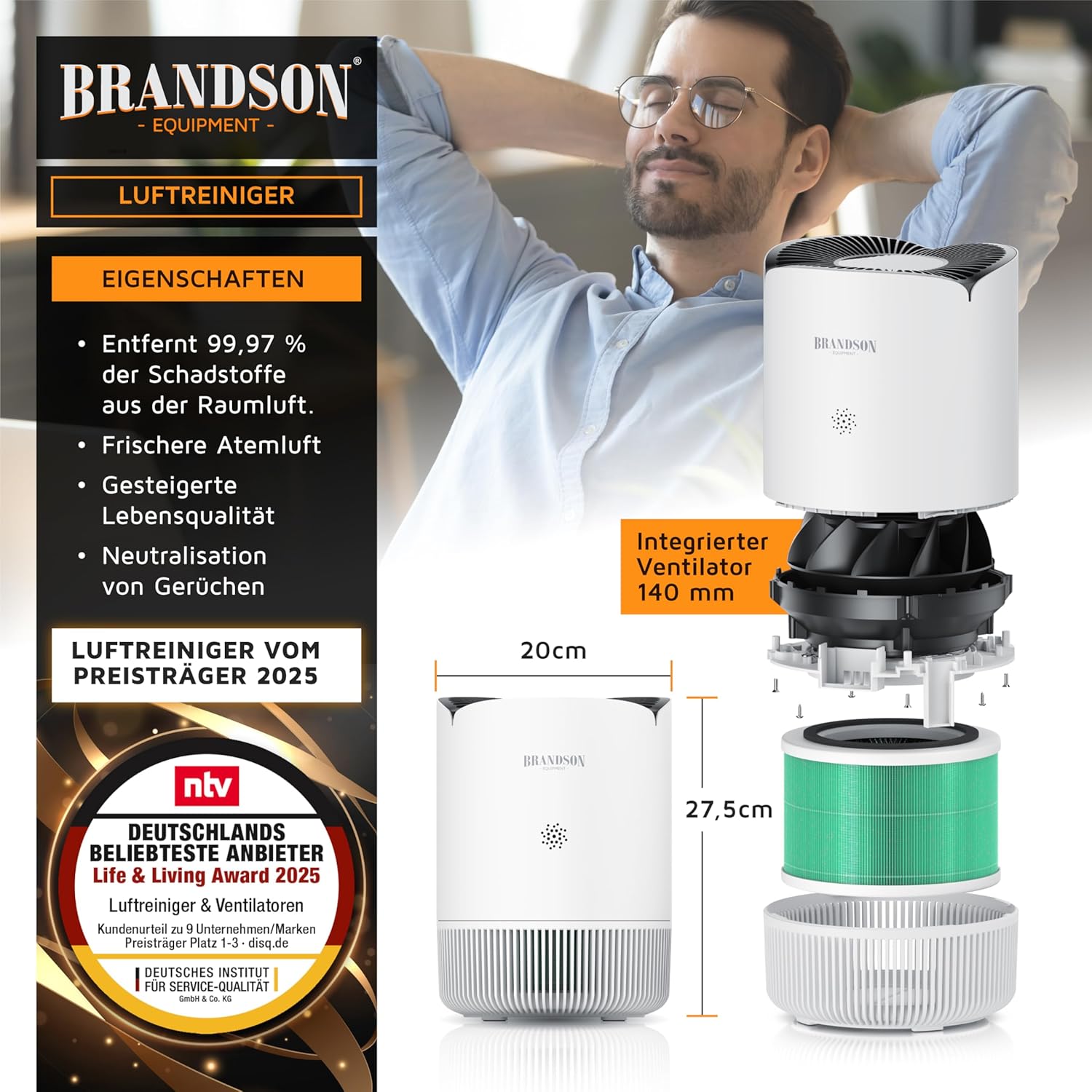 Thumbnail 1 de Brandson Luftreiniger Allergiker WLAN – CADR 158 m³/h, 50 m², 4‑Filter HEPA Aktivkohle, Smart Home