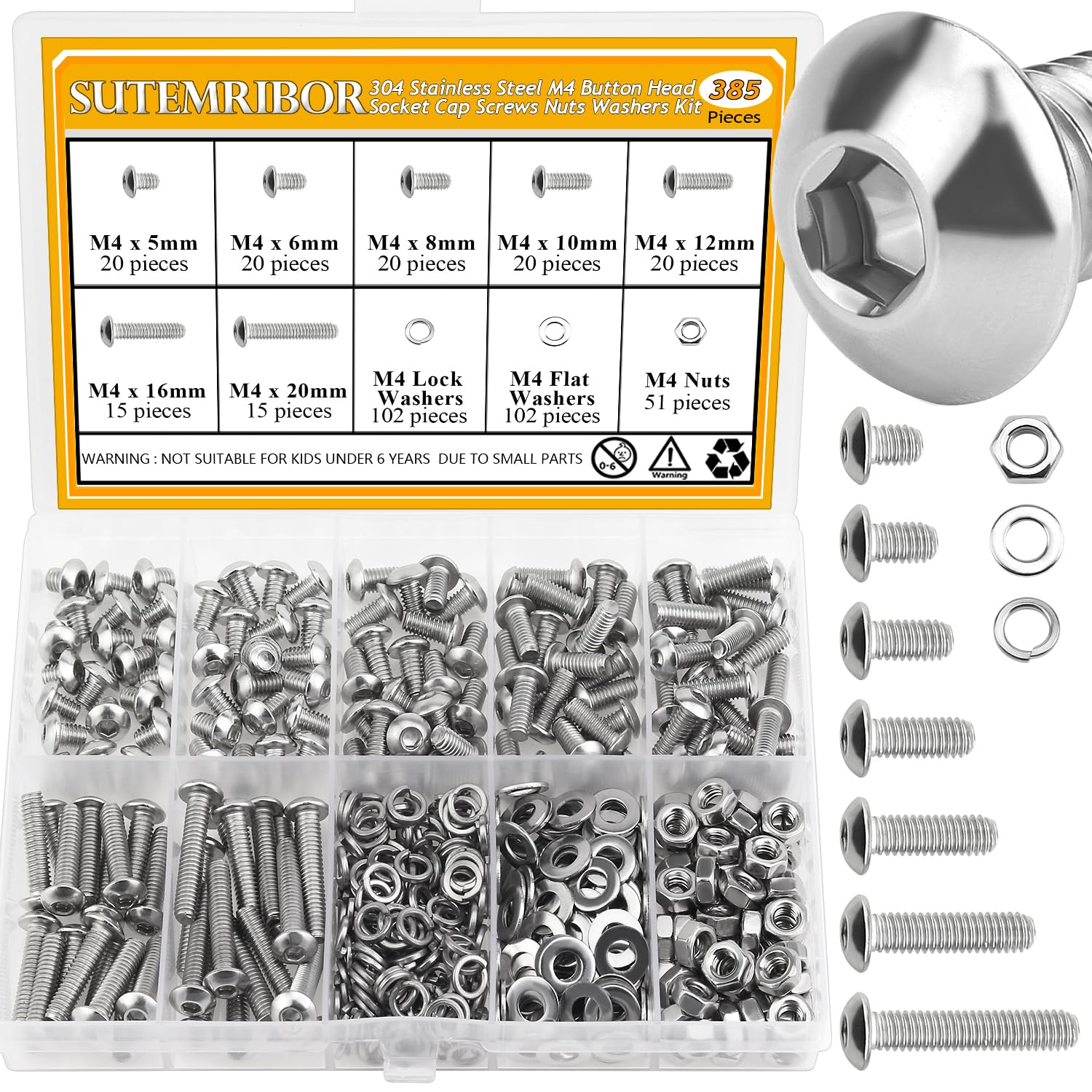 Detalle de Sutemribor M4 Button Head Socket Screw Assortment, 304 Stainless Steel, 7 Lengths