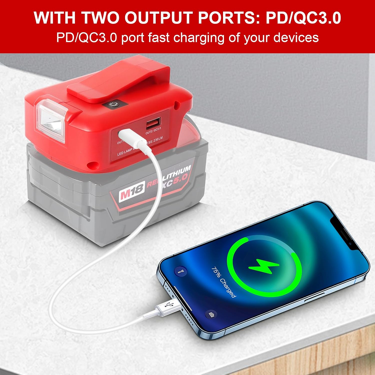 Detalle 2 de QUPERR Milwaukee M18 USB battery adapter 22.5W