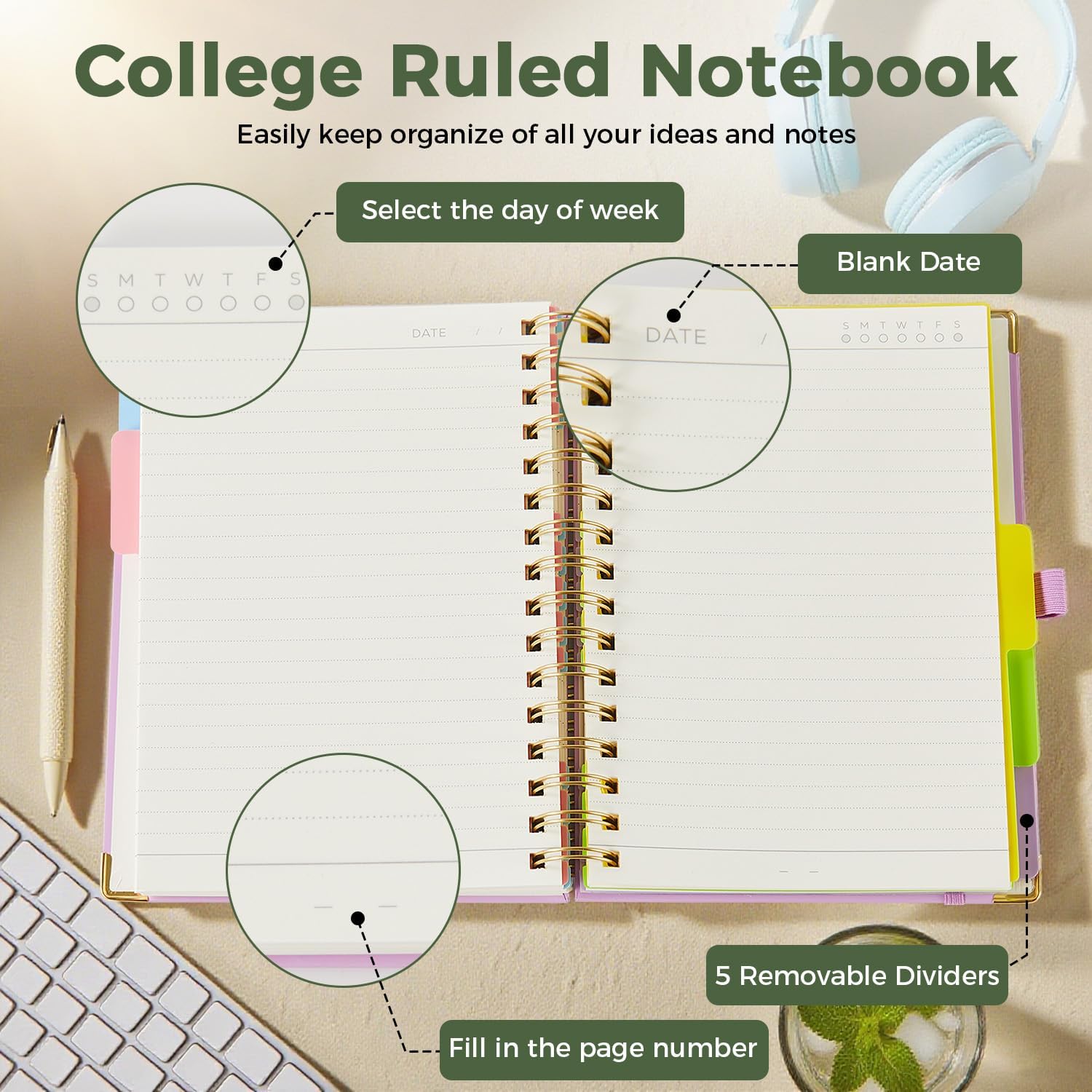Thumbnail 5 de ROBCURSE A5 Spiral Notebook With Dividers, 5 Subject 300 Pages (100gsm) – A Practical Companion for Notes and Diaries