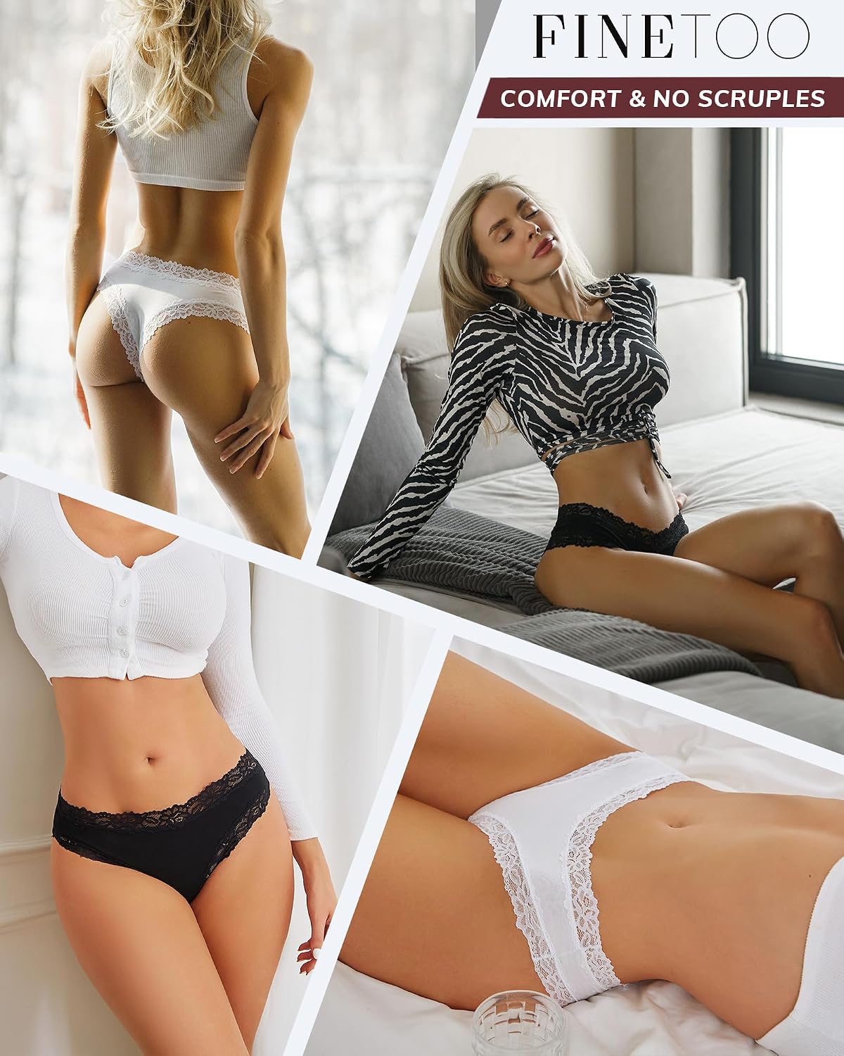 Detalle de FINETOO Cotton Lace Cheeky Panties, Low-Rise 6-Pack