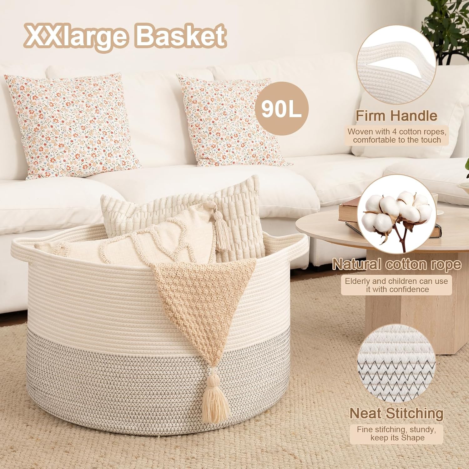 Detalle 2 de OIAHOMY HSOBK00032 90L Cotton Rope Storage Basket, Black and White