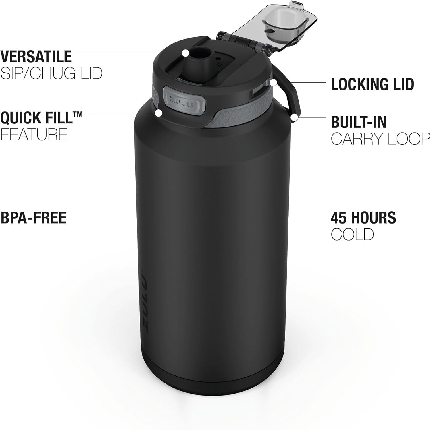 Thumbnail 2 de Zulu Powerfill Pro 64oz Half Gallon Vacuum Insulated Water Bottle with Quick Fill Lid (Black Monochrome)