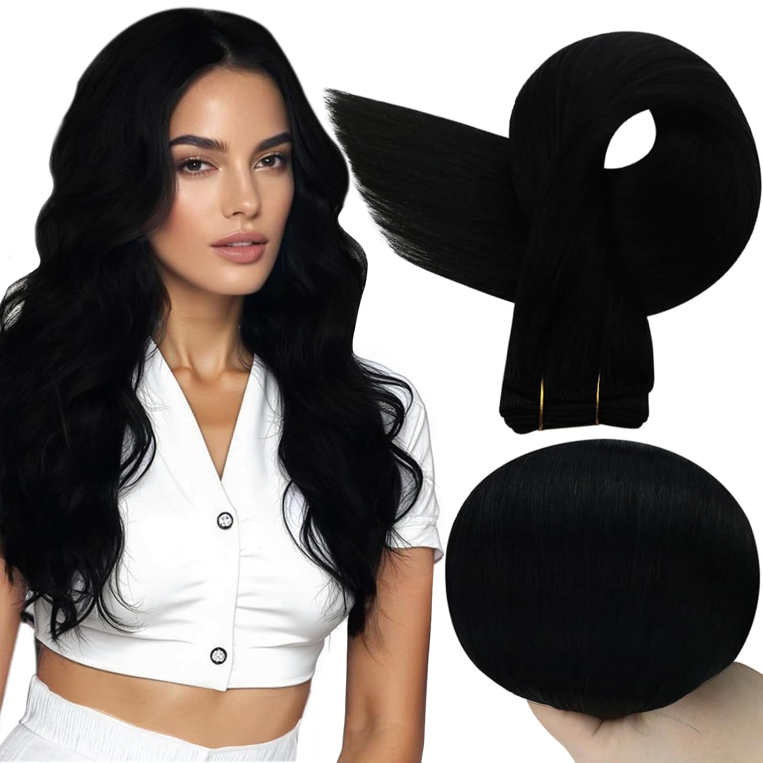 Detalle de Full Shine Sew In Hair Extensions Real Human Hair – Double Weft Jet Black (22Inch, 105G)
