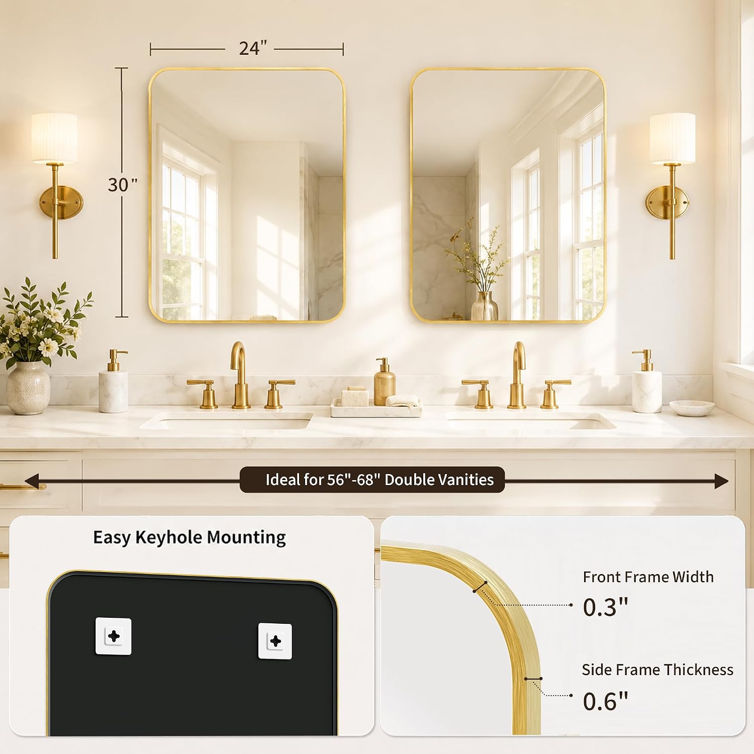 Detalle de Pocetry 2-Pack 24x30 Inch Brushed Gold Rounded Rectangle Vanity Mirrors