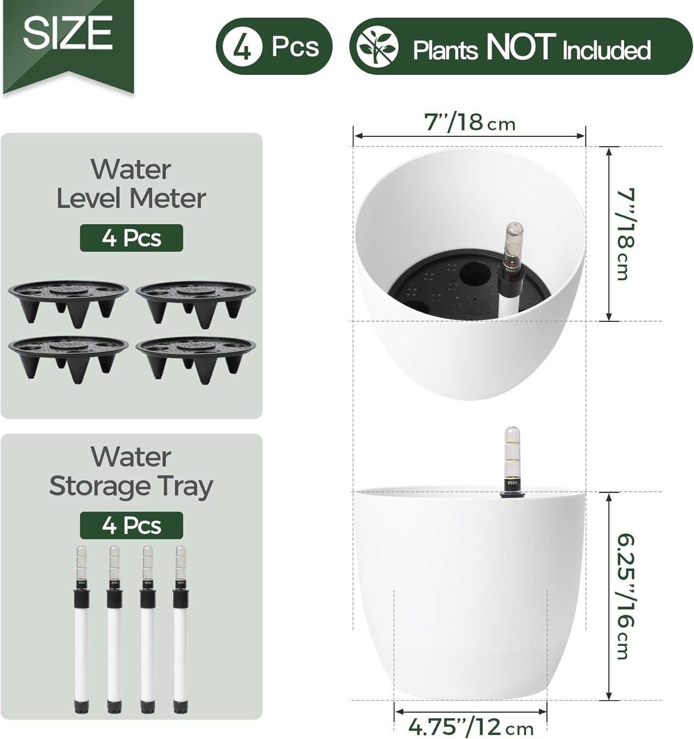 Detalle de T4Uvaso bianco 18 cm con sistema di autoirrigazione — set da 4 vasi per interno ed esterno