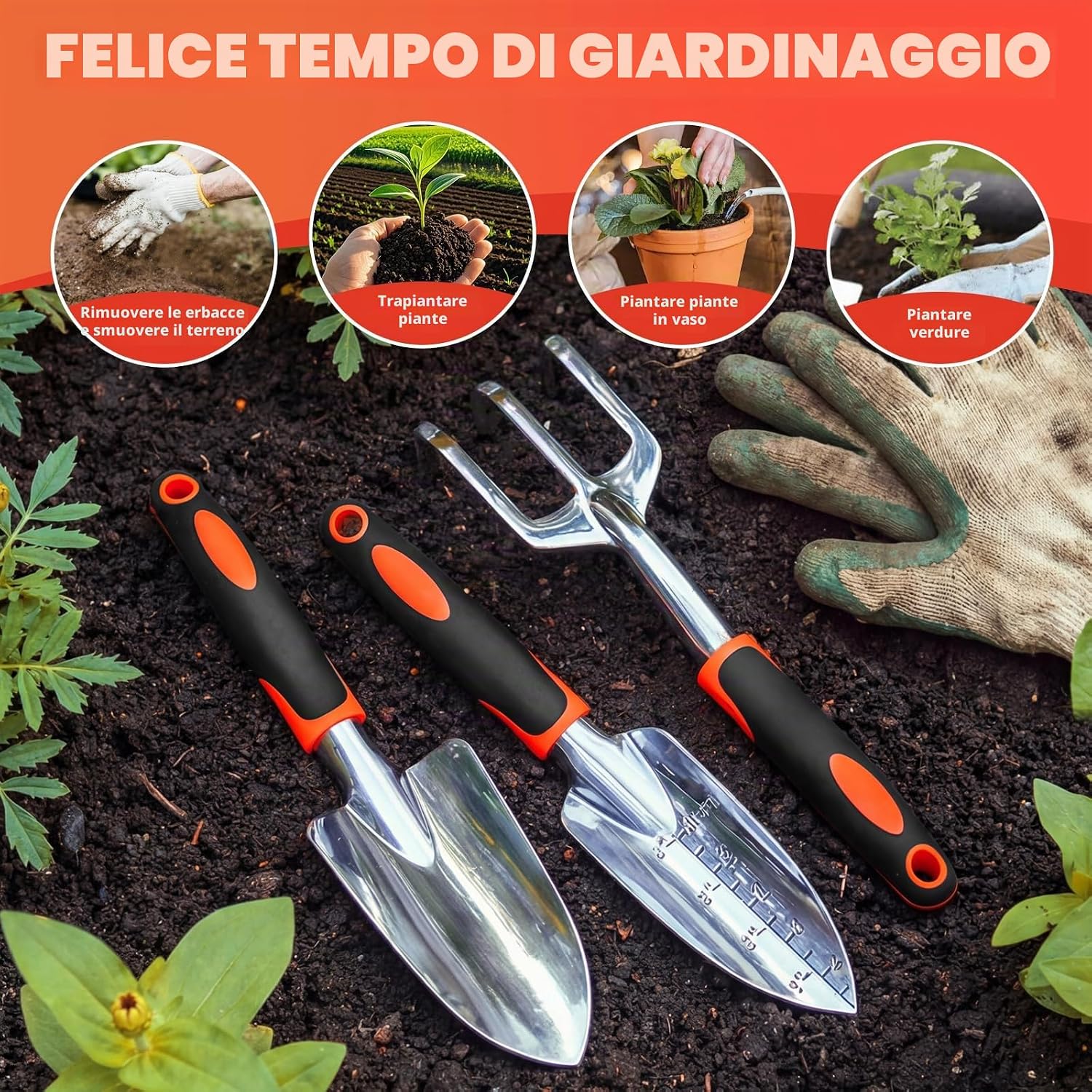 Detalle 2 de Bamworld: Set di 3 Attrezzi da Giardino in Lega di Alluminio con Impugnatura Ergonomica