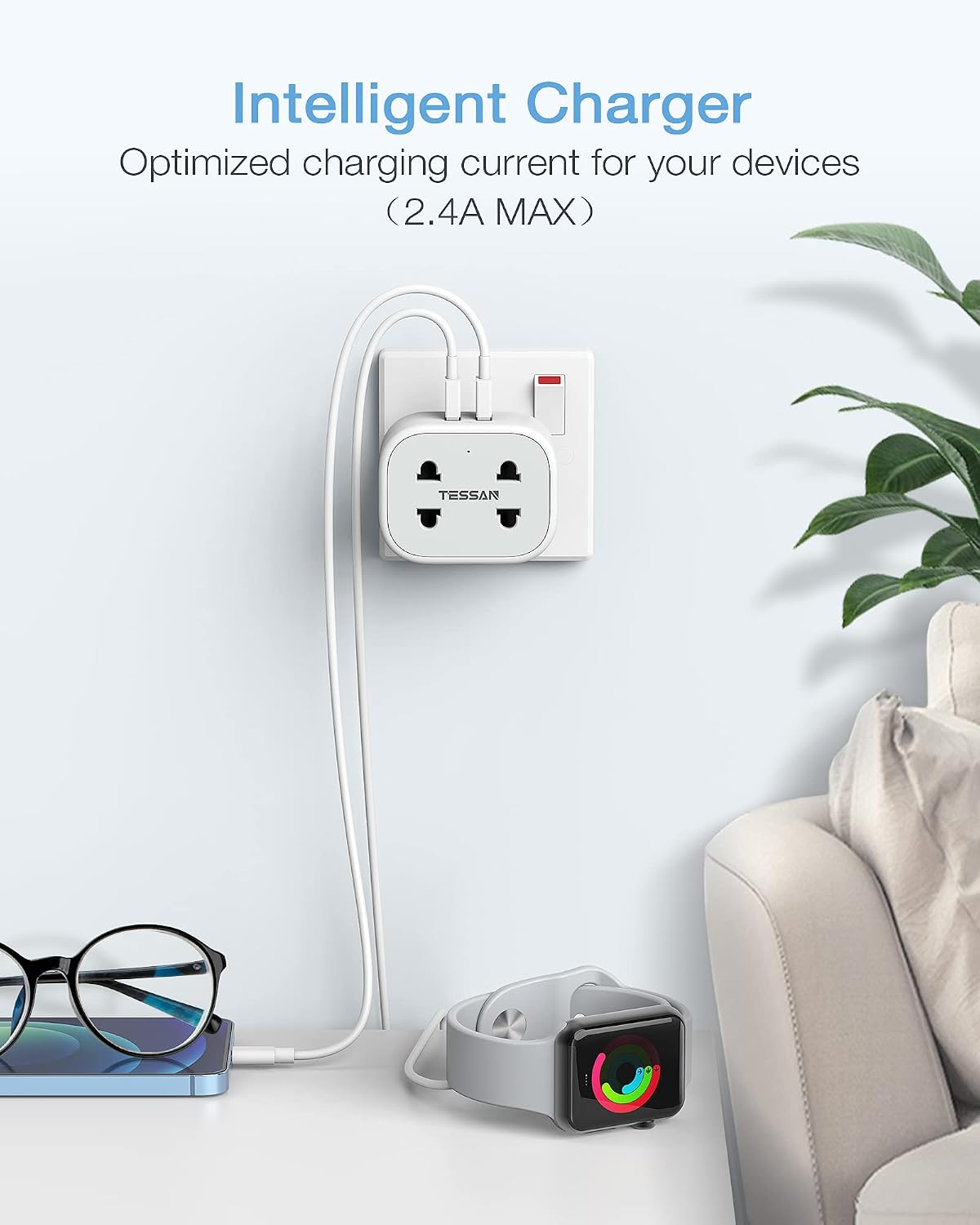 Detalle de TESSAN Double Shaver Plug Adaptor UK 2 USB