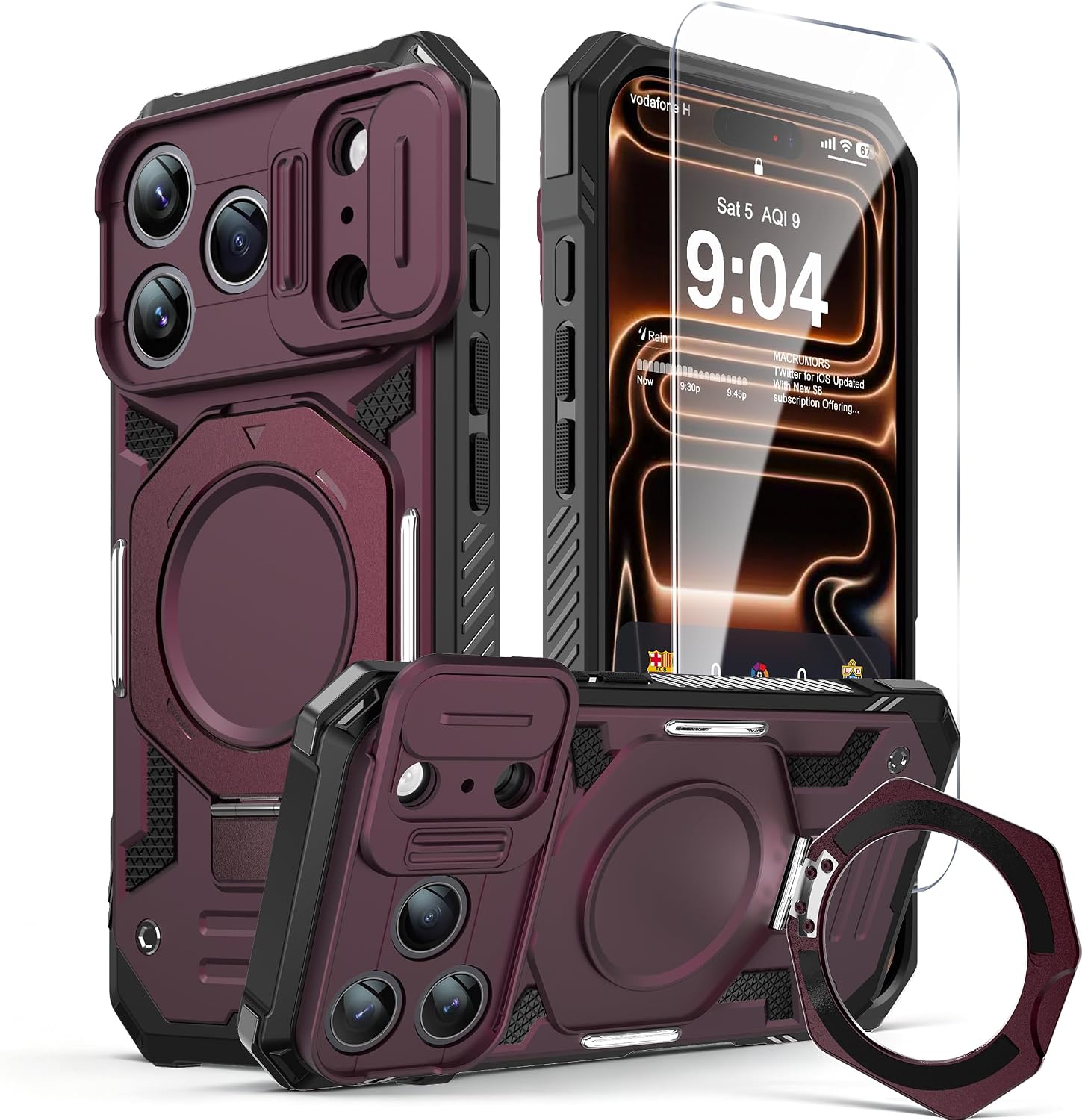 Detalle de DEERLAMN Magnetic Stand Case for iPhone 17 Pro Max, Burgundy, Camera Cover