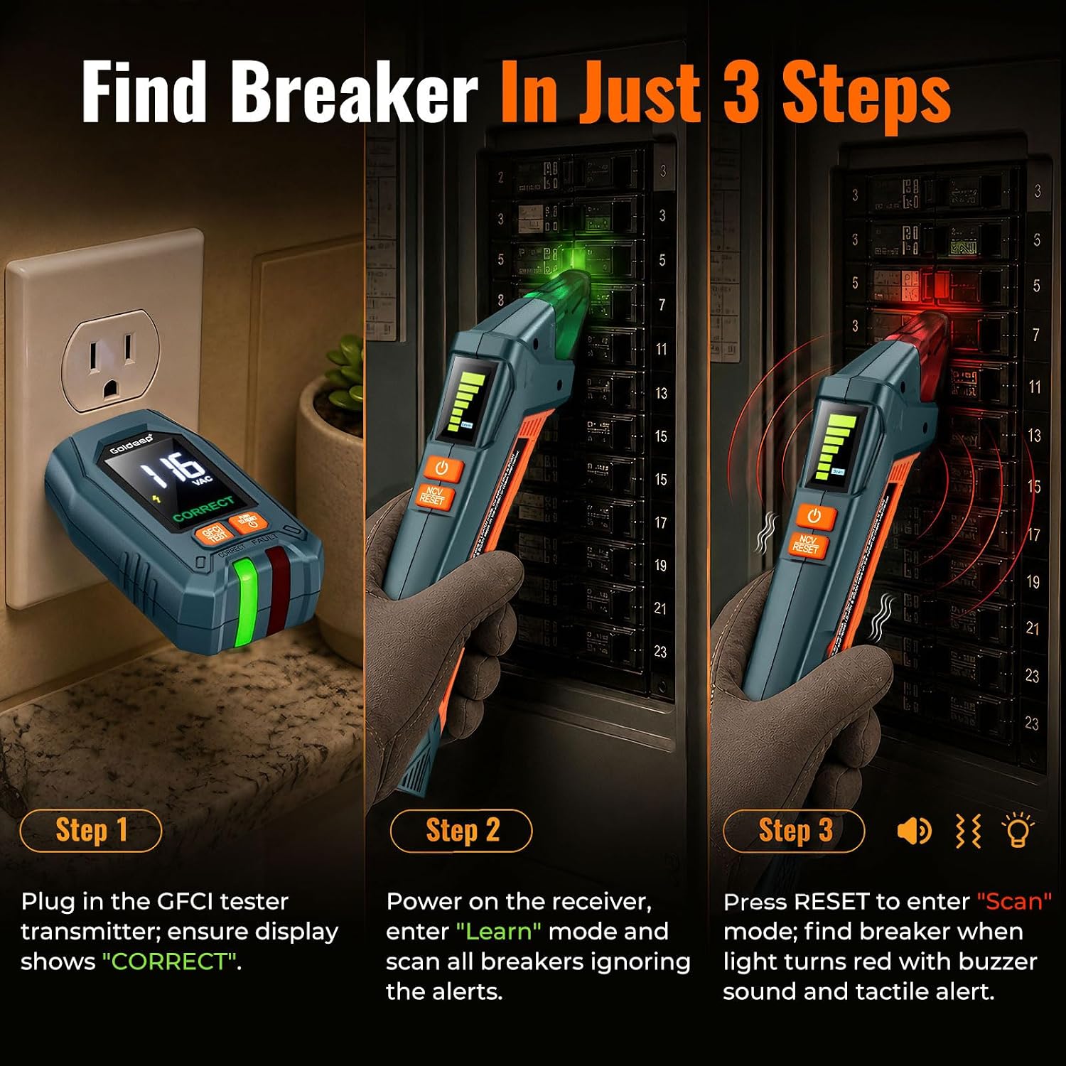 Detalle 1 de Goldeep Circuit Breaker Finder and GFCI Tester, LCD, NCV, 90-135V