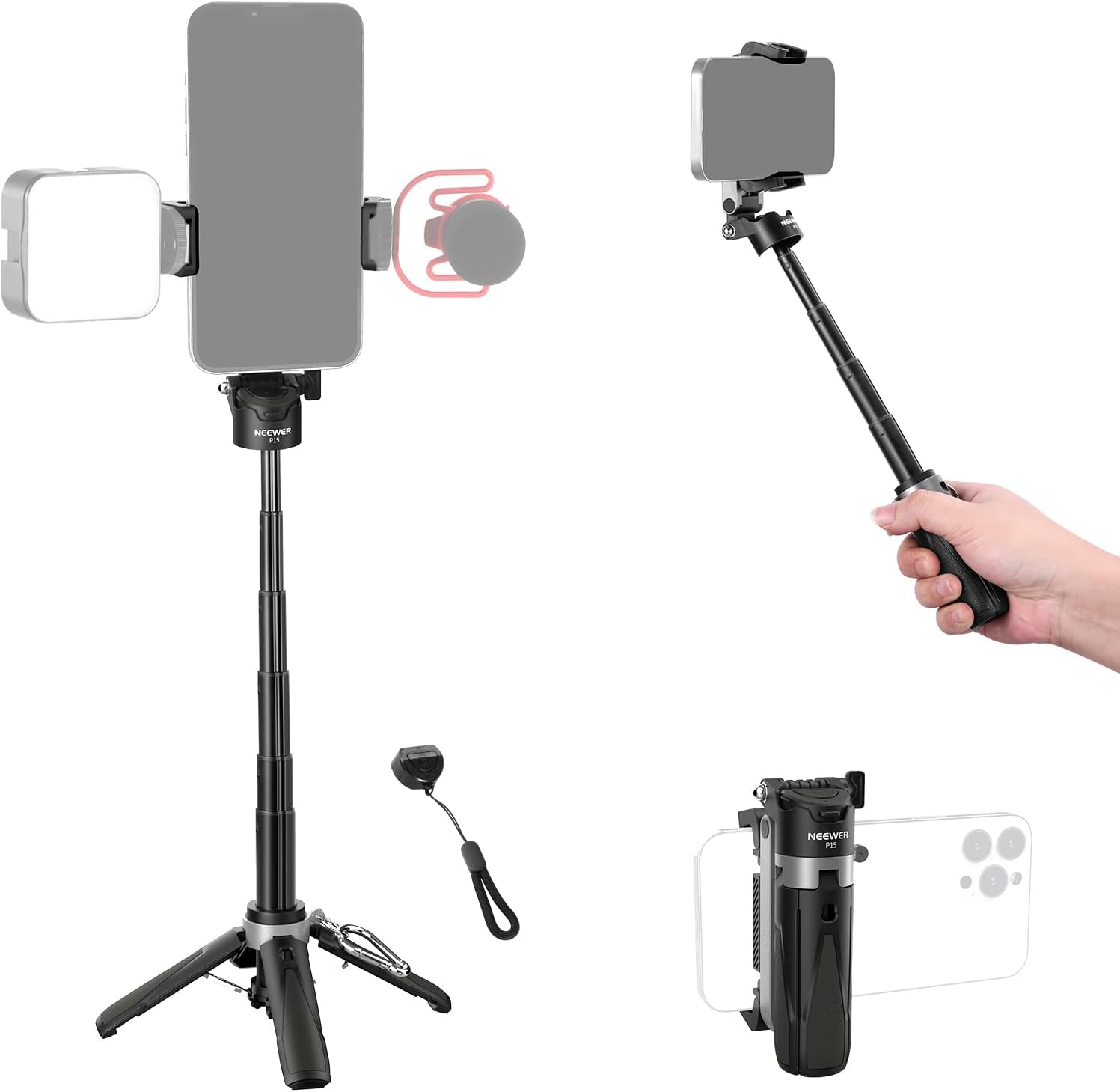Detalle de NEEWER Perche à Selfie 3 en 1 avec Déclencheur Bluetooth Amovible – Mini Trépied léger pour iPhone