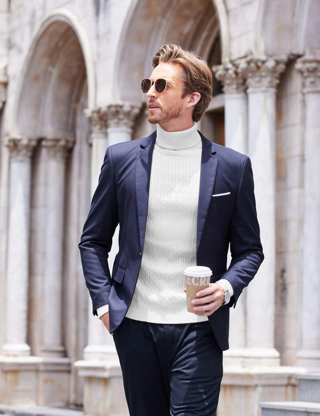 Detalle de Pull à col roulé COOFANDY pour homme – manches longues, maille fine, coupe ajustée