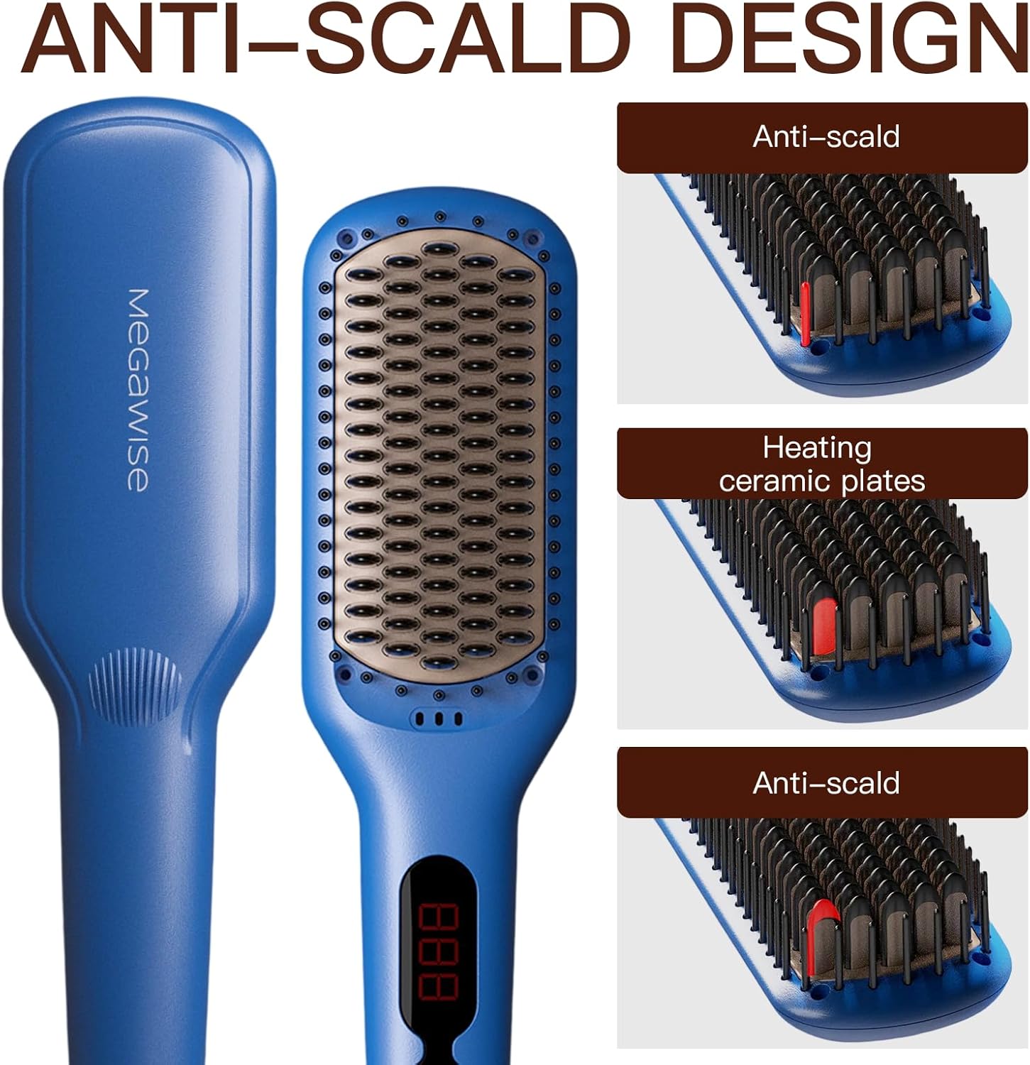 Thumbnail 1 de Spazzola Lisciante per Capelli MEGAWISE: Pettine Lisciante con Denti Riscaldanti Nano, Doppio Anione, MCH 20s, Spegnimento Automatico 60 Minuti