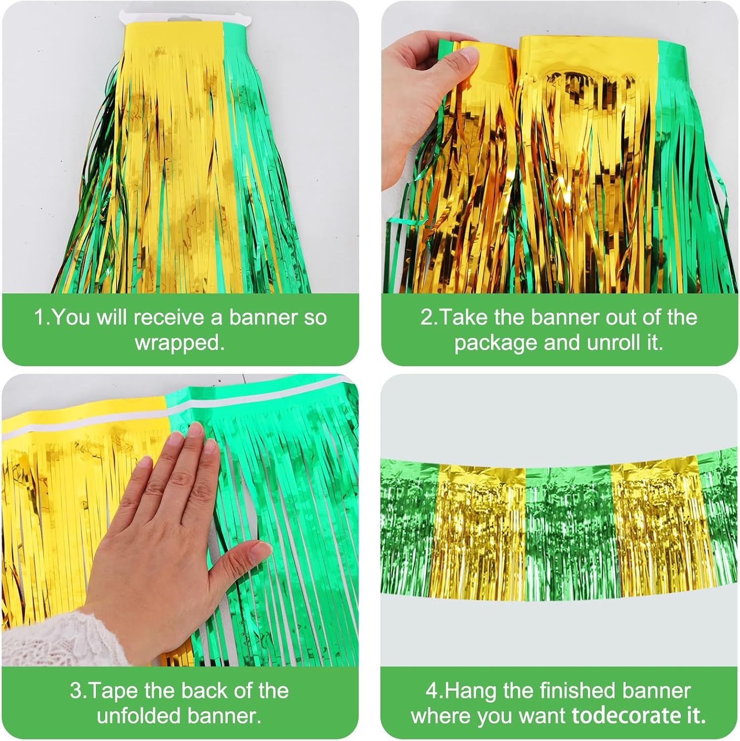 Thumbnail 2 de BEISHIDA 3 Packs Metallic Foil Fringe Garland – Green & Gold Tassel Banners (Total 30 Feet)