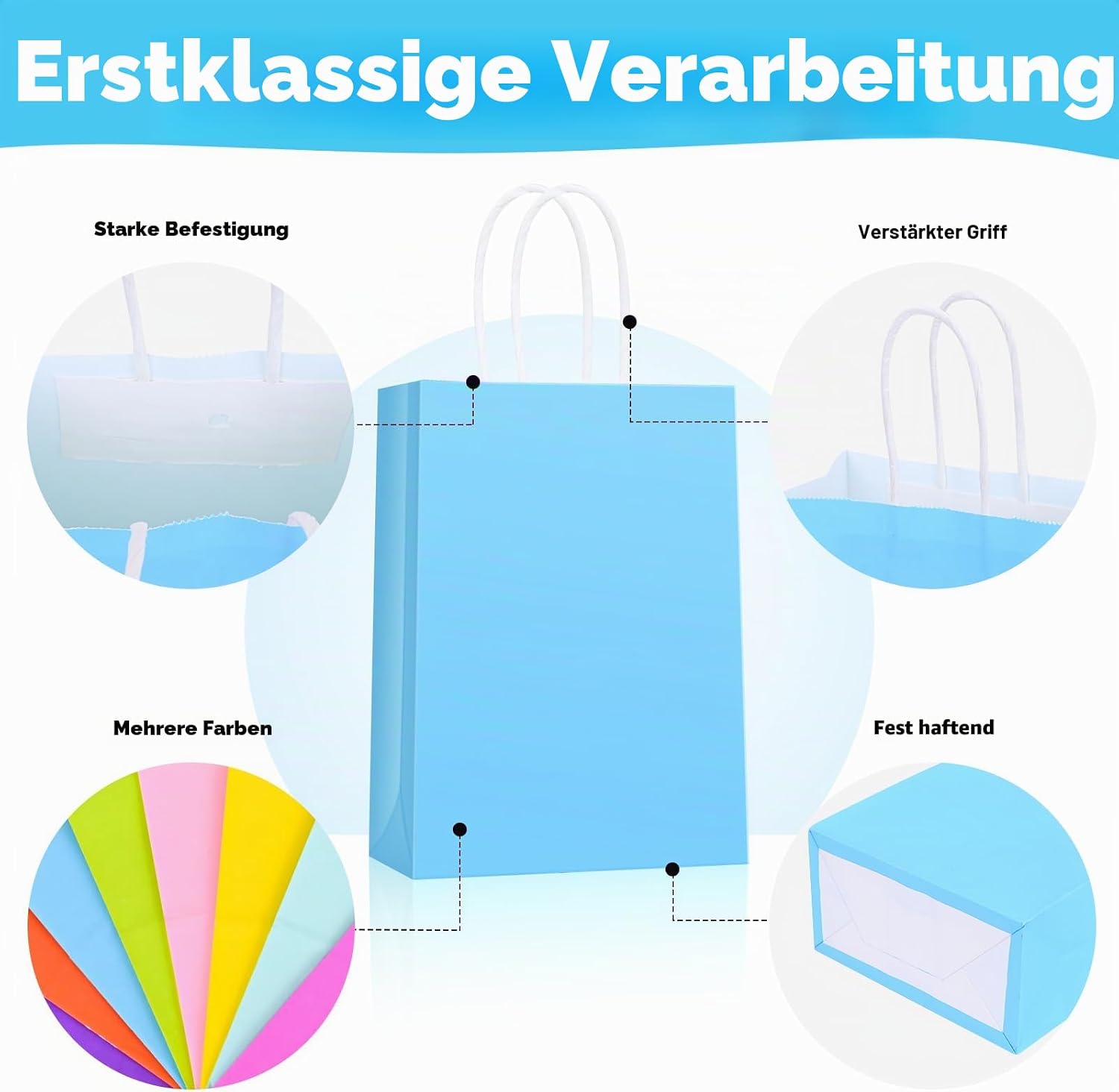 Detalle de HOMIKLSA 50 Stück Geschenktüten mit Griffen 21 x 15 x 8 cm – bunte Kraftpapier-Tüten, kleine Größe