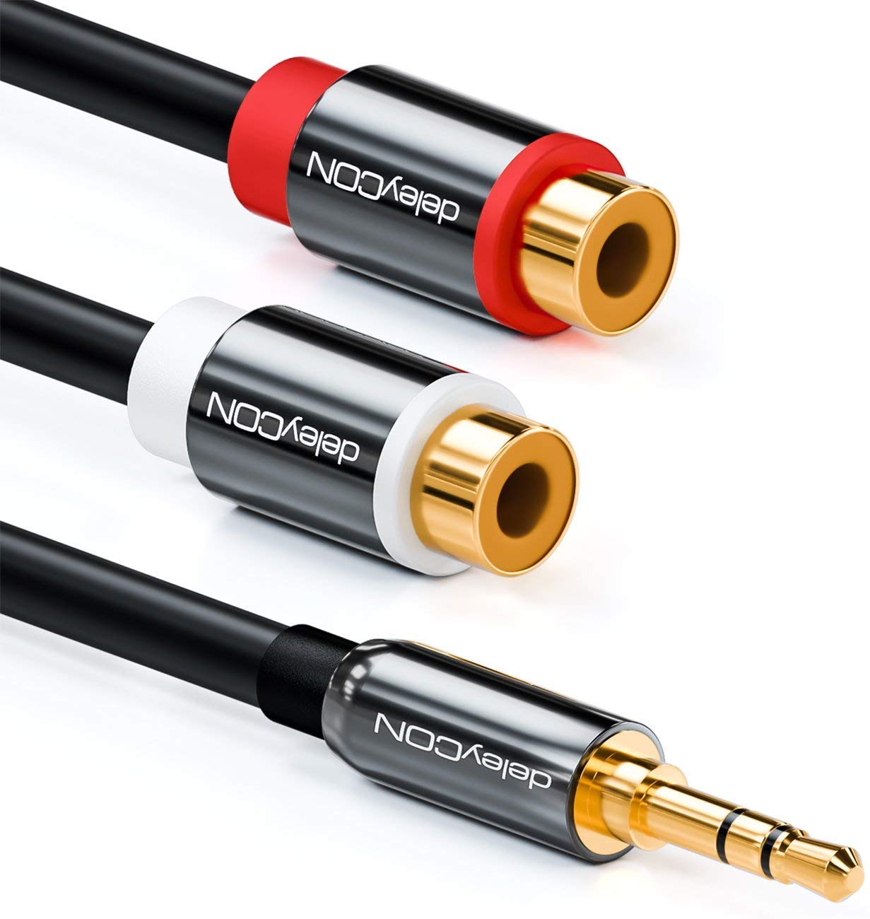 Detalle de deleyCON 20 cm Kurzes Stereo Audio Cinch zu Klinke Kabel – 3,5 mm Klinkenstecker zu 2x RCA Cinch Buchse, vergoldet, Metall, Schwarz