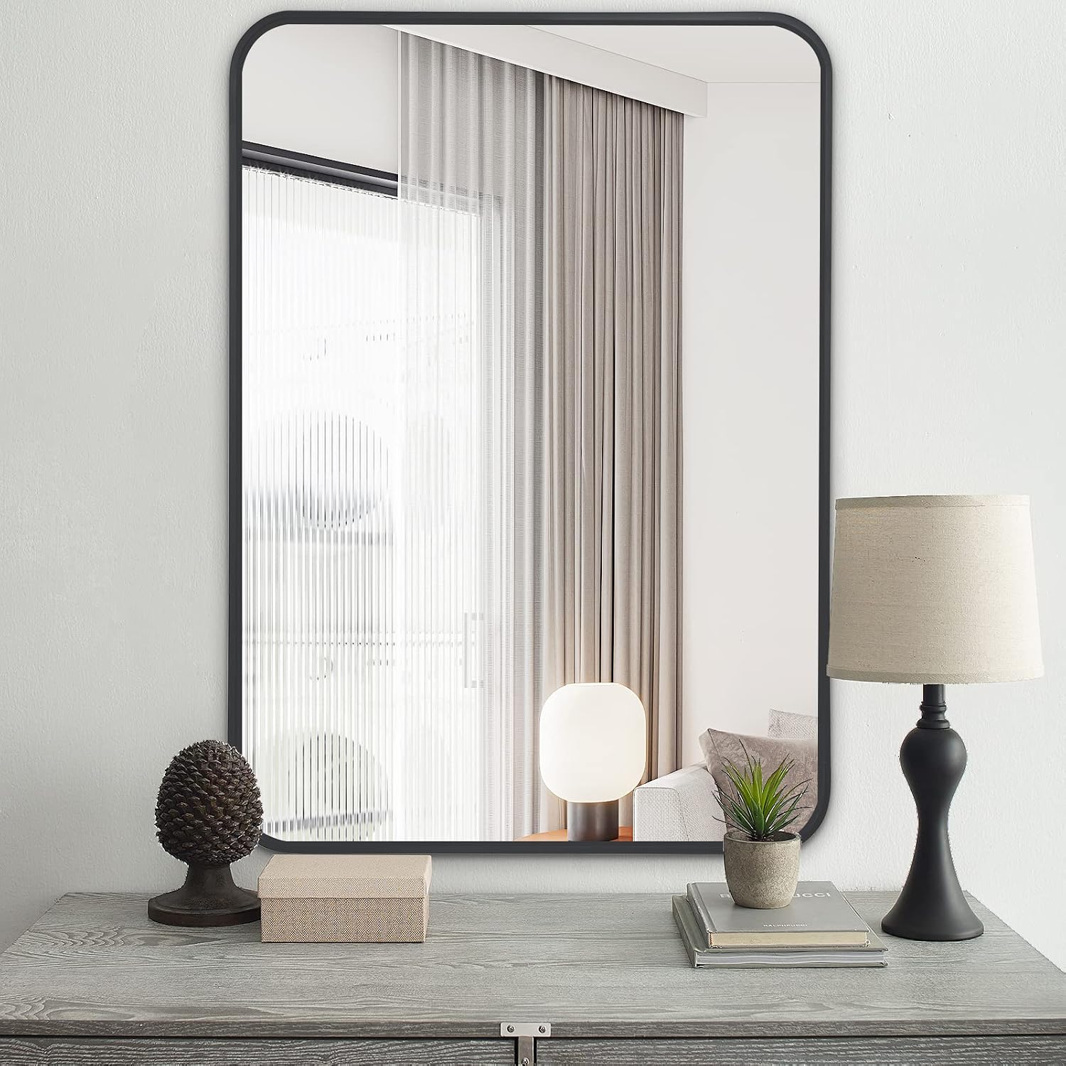 Detalle 2 de COFENY 24 x 36 in Black Framed Bathroom Mirror, Rounded Corners
