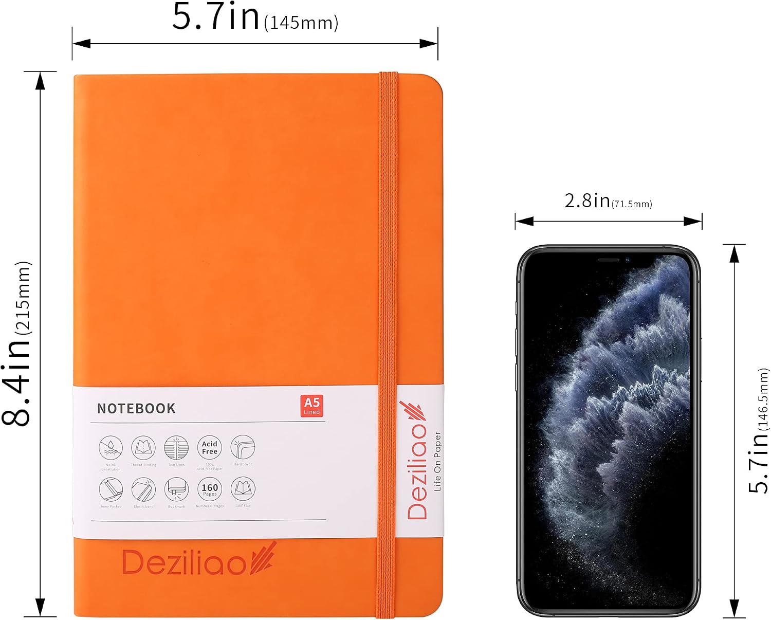 Thumbnail 5 de Deziliao D0005 A5 Hardcover Notebook, 160 Pages, 100 gsm Ruled Paper, Orange