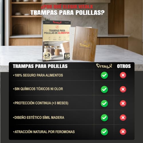 Detalle de VITALX Pack Ahorro 15 Trampas Polillas de Alimentos – Sin Tóxicos, Seguridad para Despensa y Cocina