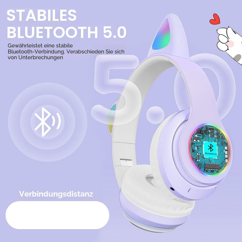 Thumbnail 1 de AXFEE Kinderkopfhörer Bluetooth mit Katzenohren, klappbar, LED & Mikrofon (inkl. MicroSD/TF)