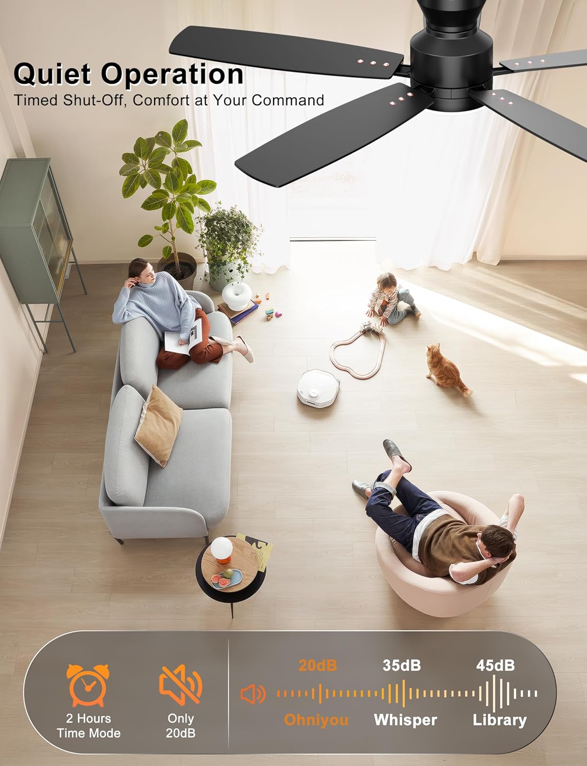 Thumbnail 4 de Ohniyou Ventilatore da soffitto a basso profilo 52 pollici con luce: controllo remoto e app, silenzioso e reversibile